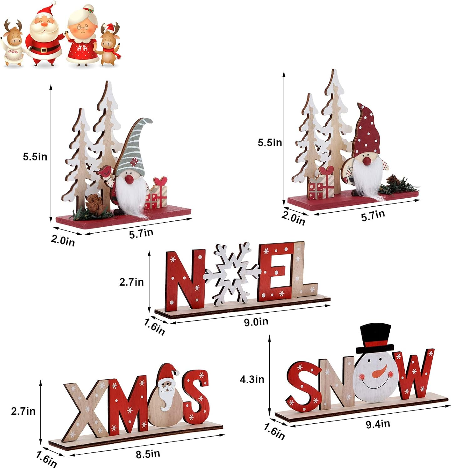 Set of 5 Christmas Table Decorations for Dinner Party Xmas Desktop, Wooden Display Santa Snowman Noel for Home Restaurant Cafe Table Decoration Merry Christmas Holidays Centrepiece