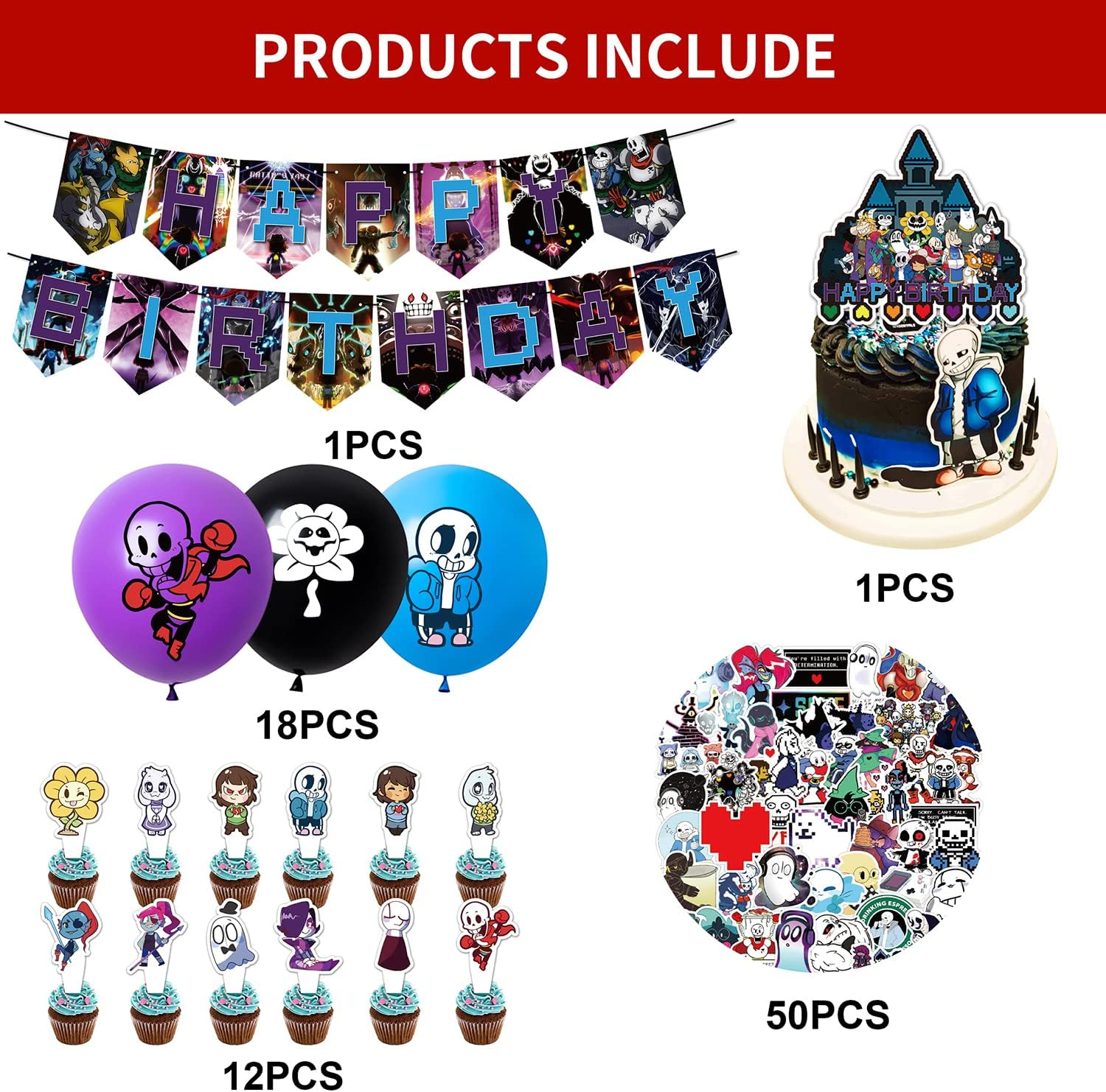 82 Pcs Undertale Birthday Party Supplies, Including Cake Caps, Cupcake Caps, Flags, Latex Balloons, It Is Very Suitable for Boy'S and Girl Themed Birthday Party Supplies. image number 1