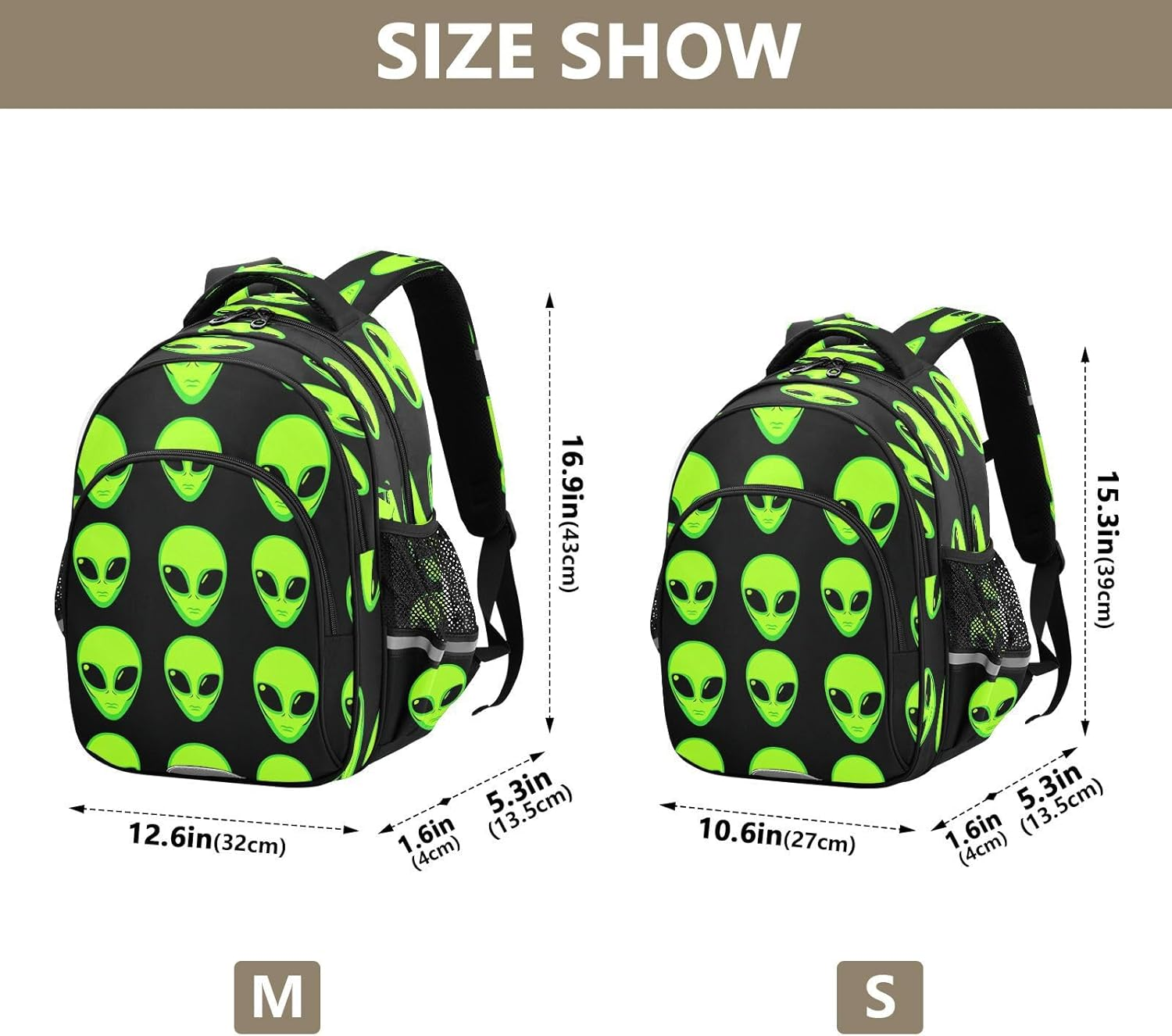 Green Aliens Black Kids School Backpack for Boys Girls Ages 8-14, Backpack for Boys Elementary School image number 1