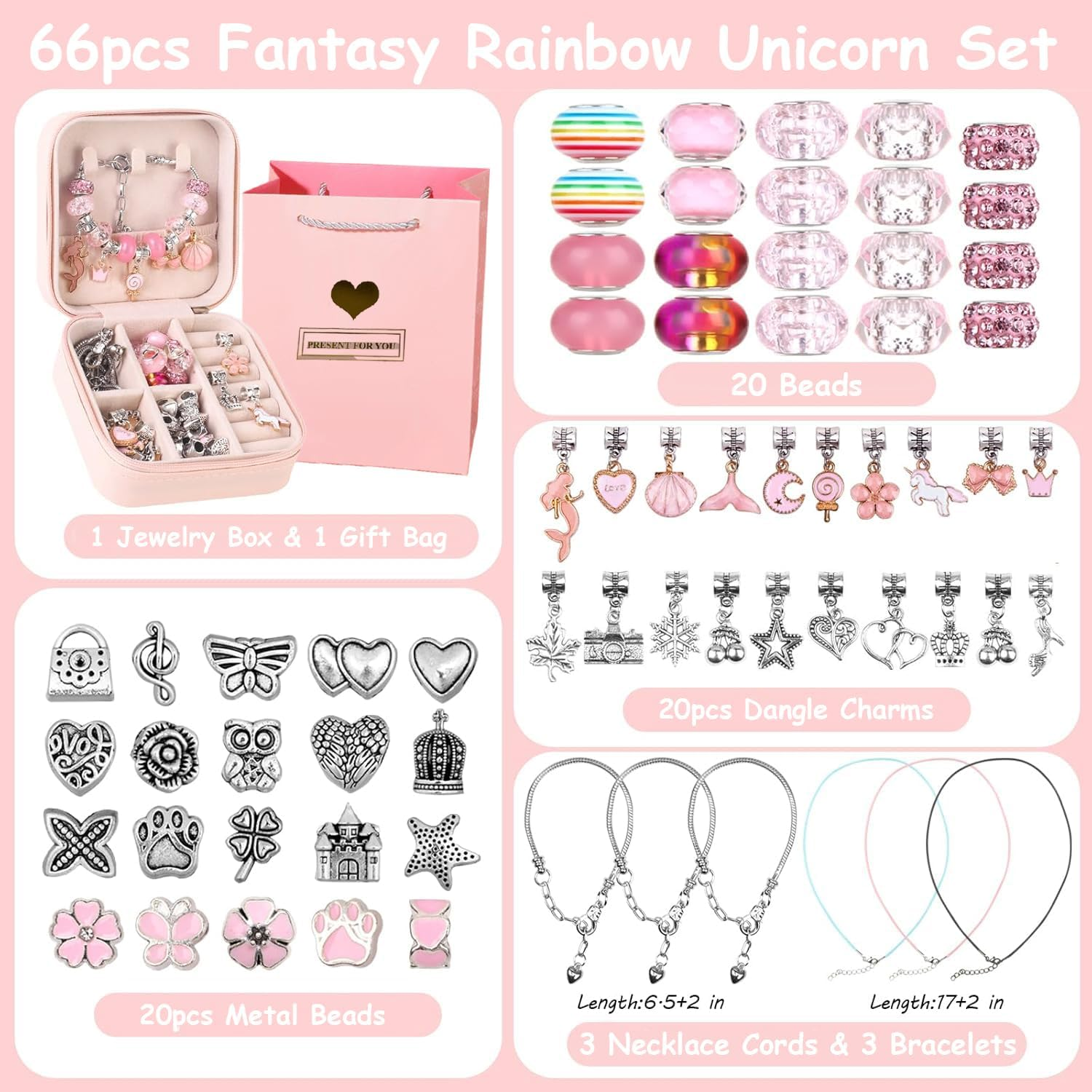 Charm Bracelet Making Kit for Girls, 68Pcs Charm Bracelets Kit with Jewelry Box, Jewelry Charms, Bracelets for DIY Craft, Jewelry Gift Adults and Kids, Present for 8-12 Year Old Girl Colorful (Pink) - Pink image number 5