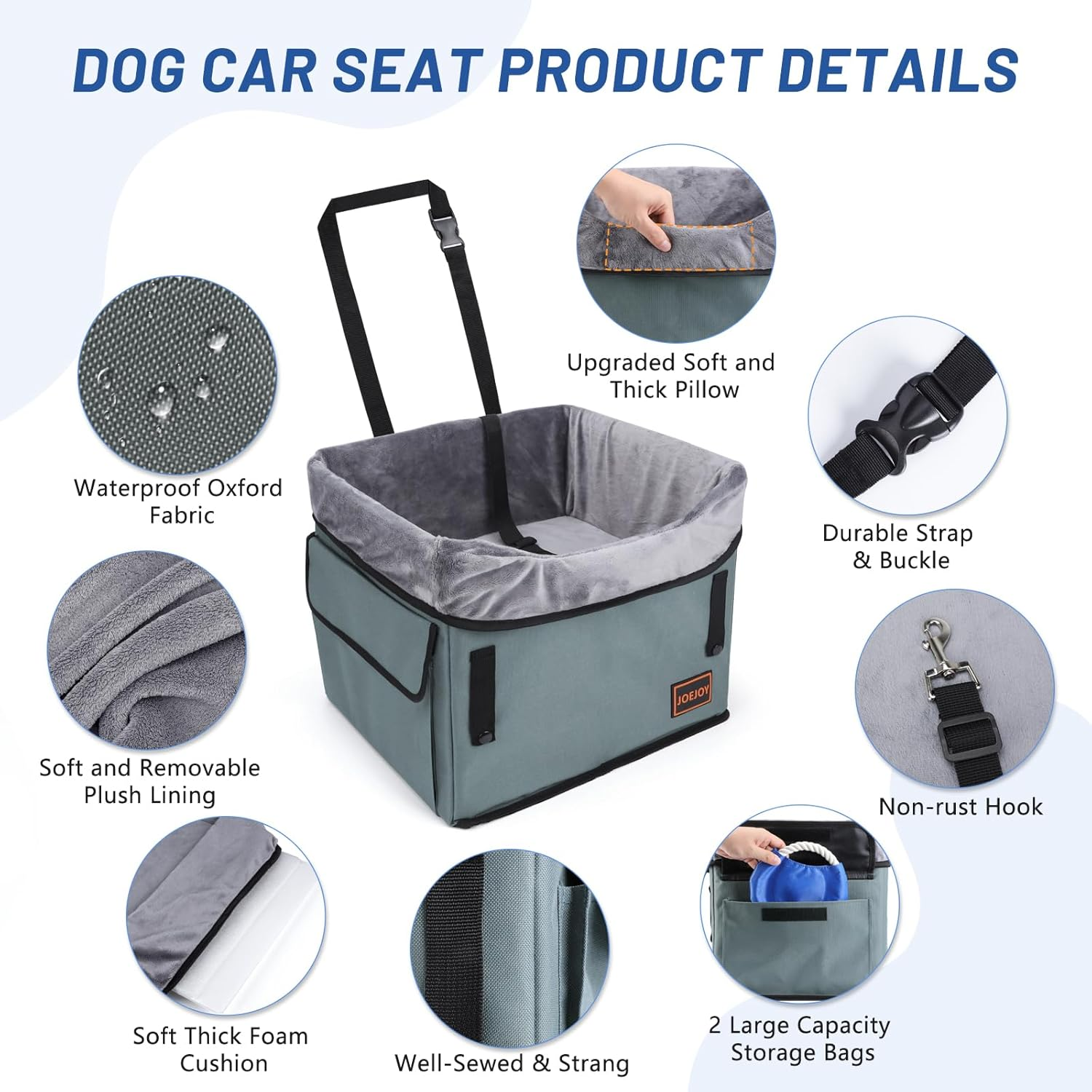 JOEJOY Small Dog Car Seat for Small Dogs, Portable Puppy Dog Booster Seat for Car with Clip-On Safety Leash, Adjustable Straps Perfect for Small Pets up to 25Lbs (Grey)