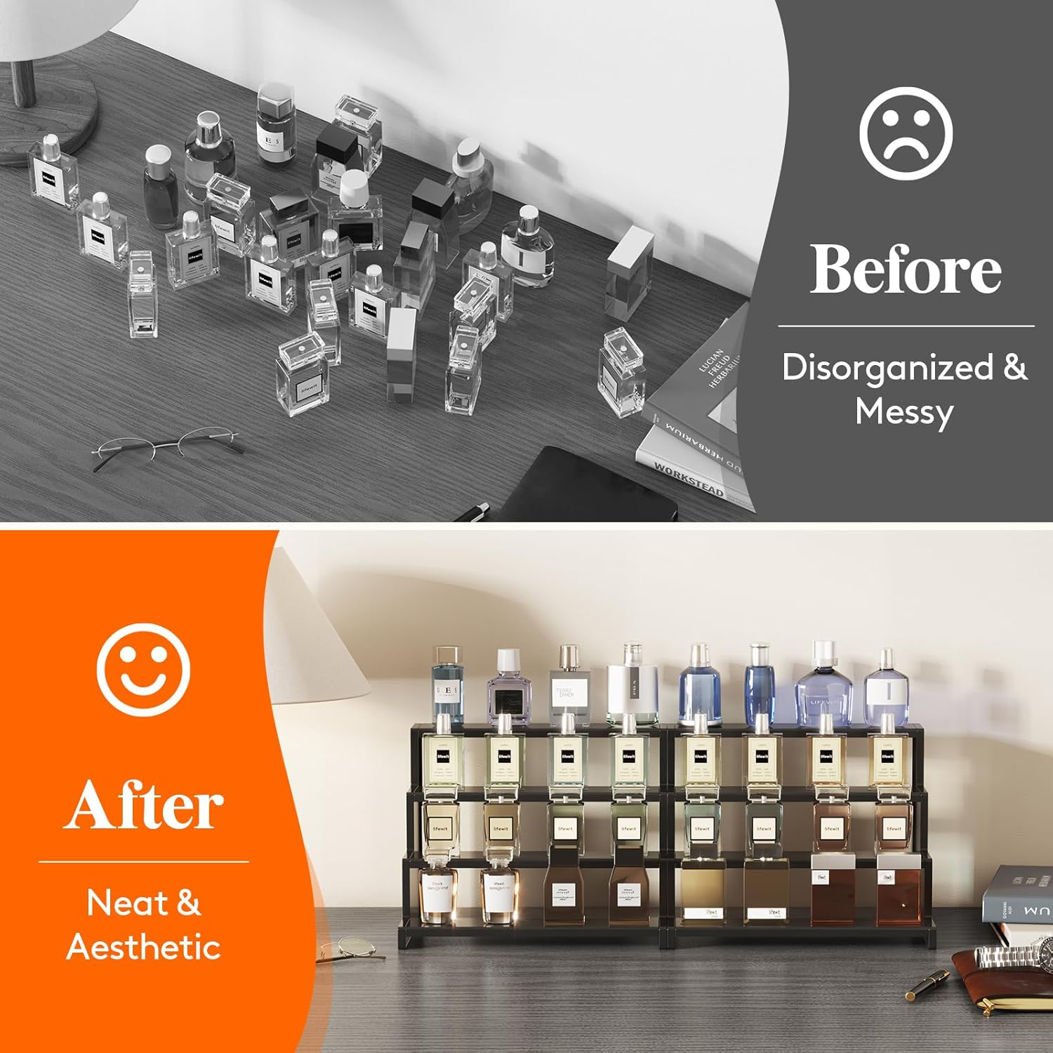 Lifewit Plastic 12 Inch Dark Cologne Stand, Step Perfume Organizer,Versatile Display Stand Shelf for Fragrance, Skincare, Figurine, Dessert, Use for Vanity, Tabletop, Cabinet,1 Set image number 2