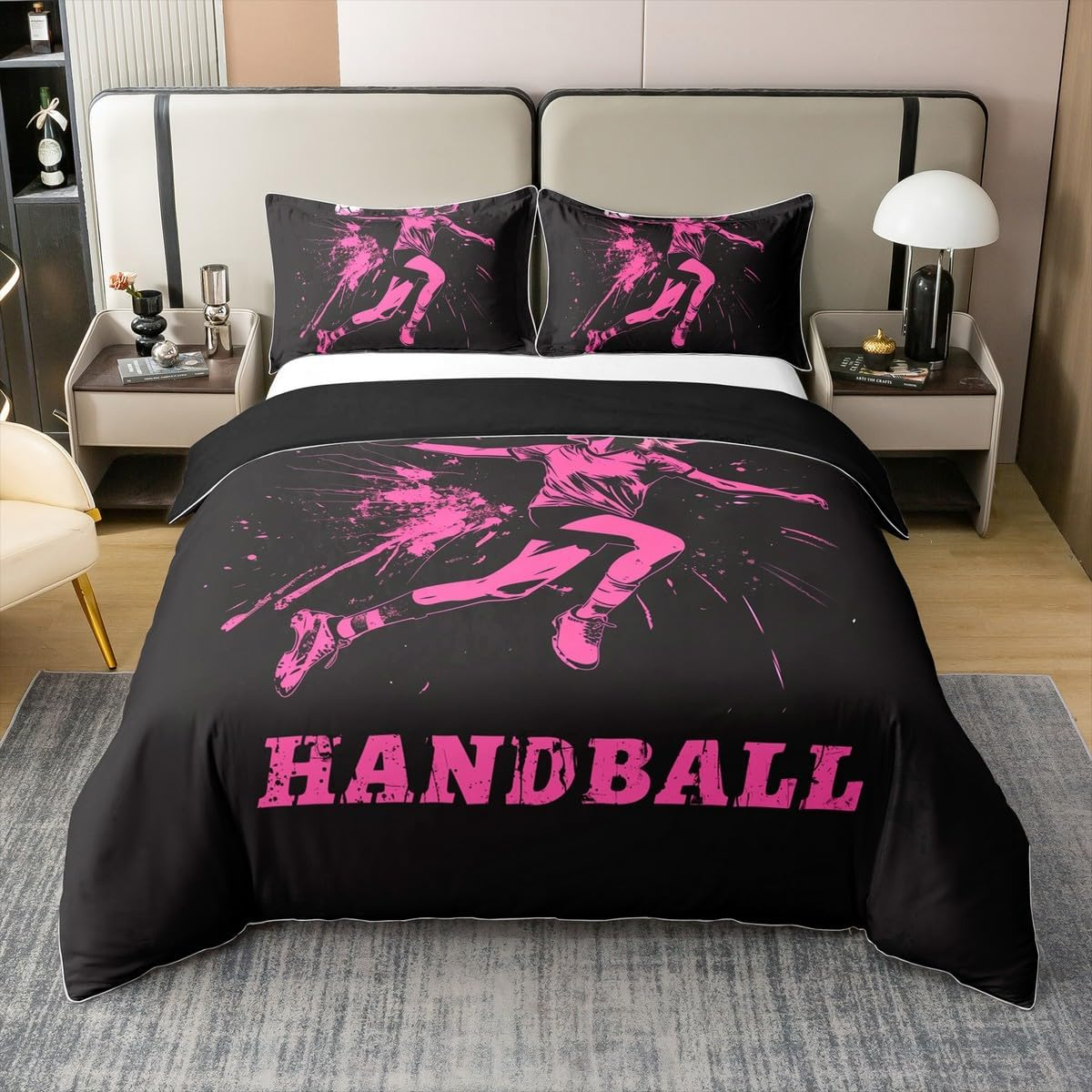 Homewish Ball Games Cotton Duvet Cover Set for Children Boys Girls Handball Bed Linen 155 X 220 Cm Ink Splash Graffiti Black Pink Bedding Set Bed Set Room Decor Soft 2-Piece image number 6