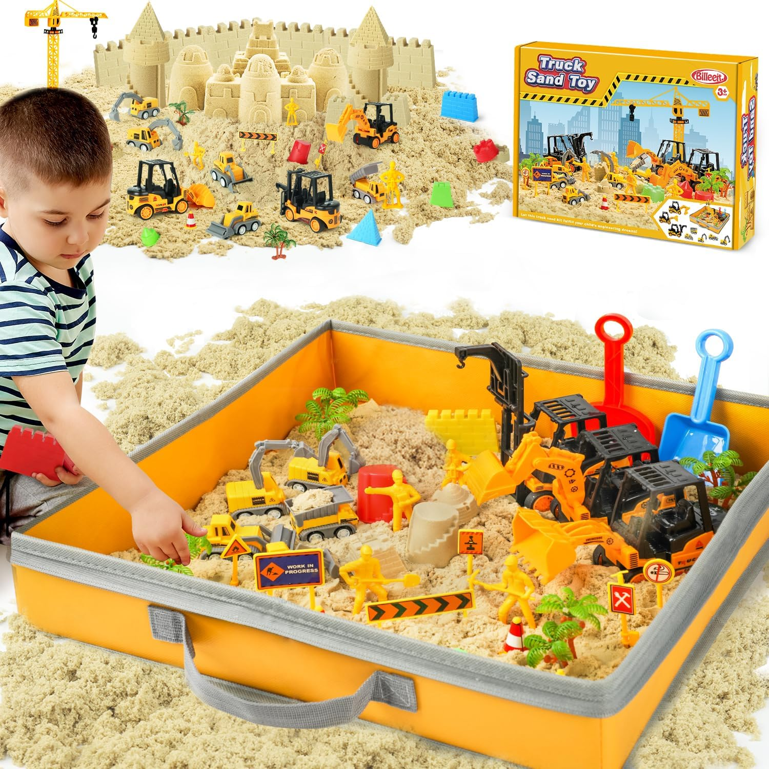 Billeeit Sand Construction Kit with a Big Foldable Sandbox and 2.2Lbs Magic Sand, Truck Sand Construction Toys Including Castle Molds and Other Accessories 36Pcs Total, Play Sand Art Set for Kids 3+ image number 6