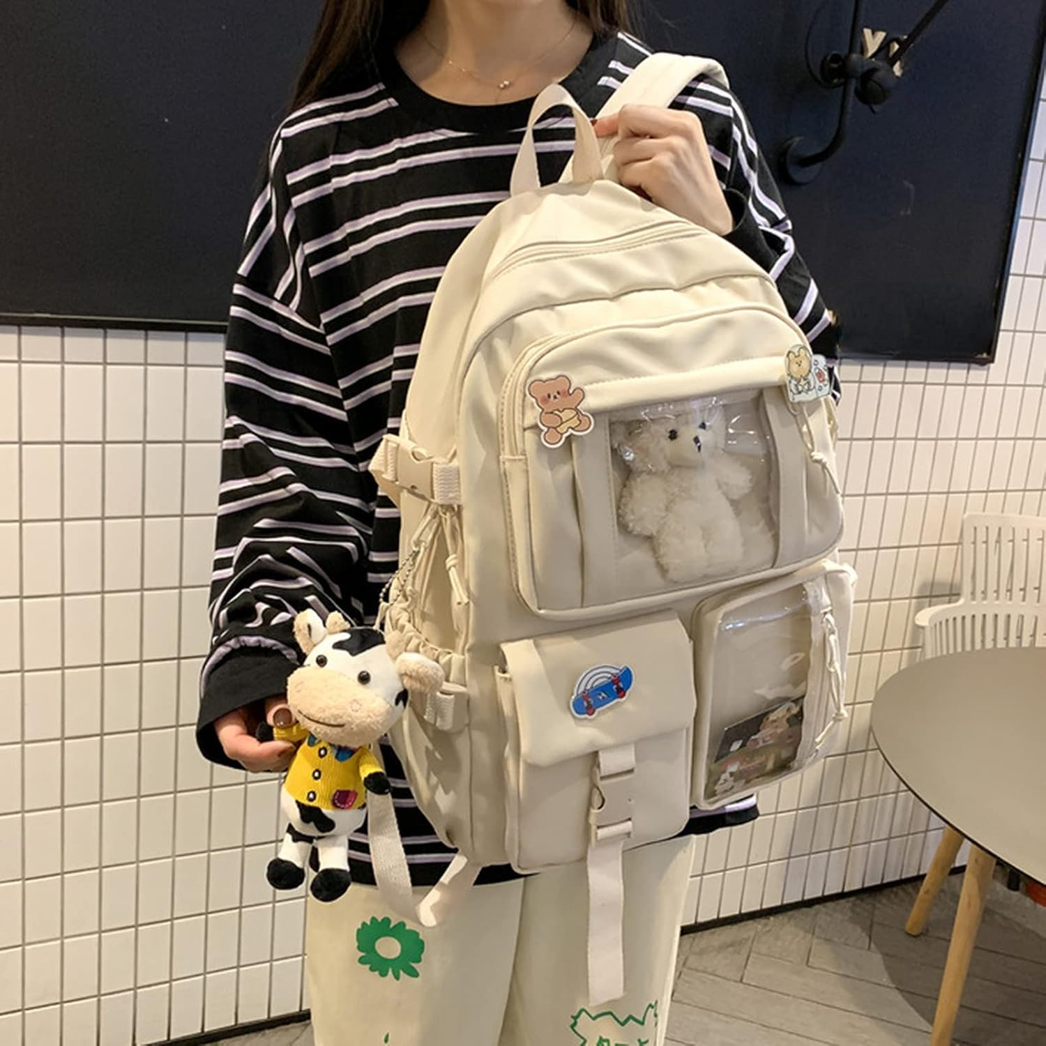 Kawaii Backpack Cute Aesthetic Anime with Pins Cow Bear Pendant School Supplies Bag Animal Cartoon Preppy Japanese image number 4