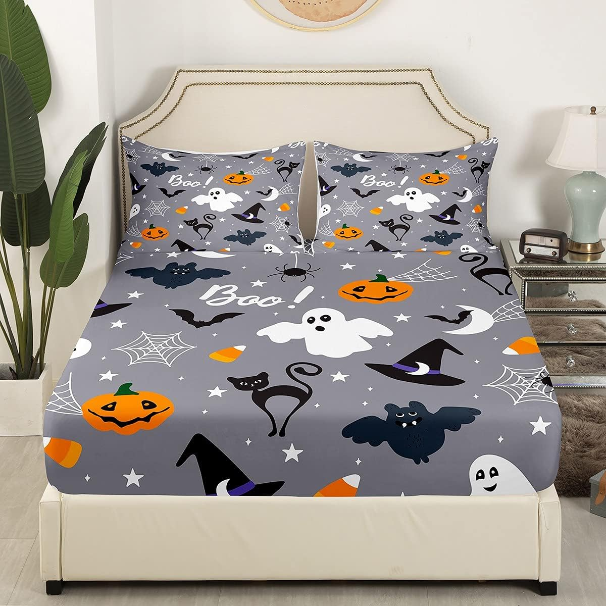 Gothic Spooky Bed Sheet Set Pumpkin Lantern Bedding Set for Kids Boys Teens, Ghost Spider Web Fitted Sheet Black Bat Cat Cobwebs Halloween Decor King Size Grey image number 6
