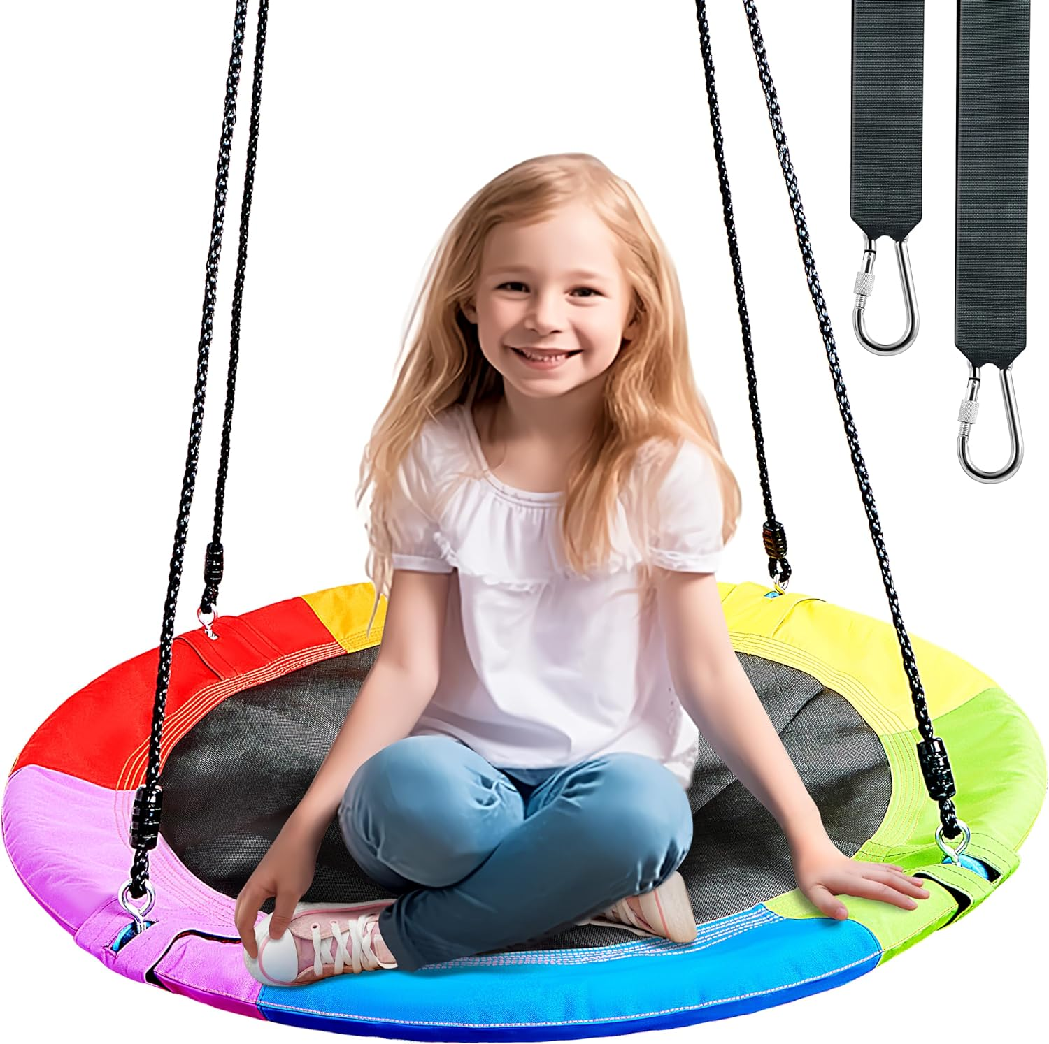 TURFEE 40" Saucer Tree Swing for Kids - 700Lb Weight Capacity, 900D Waterproof Oxford Fabric Platform Swing Seat with Adjustable Ropes for Kids Playground Outdoor Activity Backyard Fun (Rainbow) image number 6