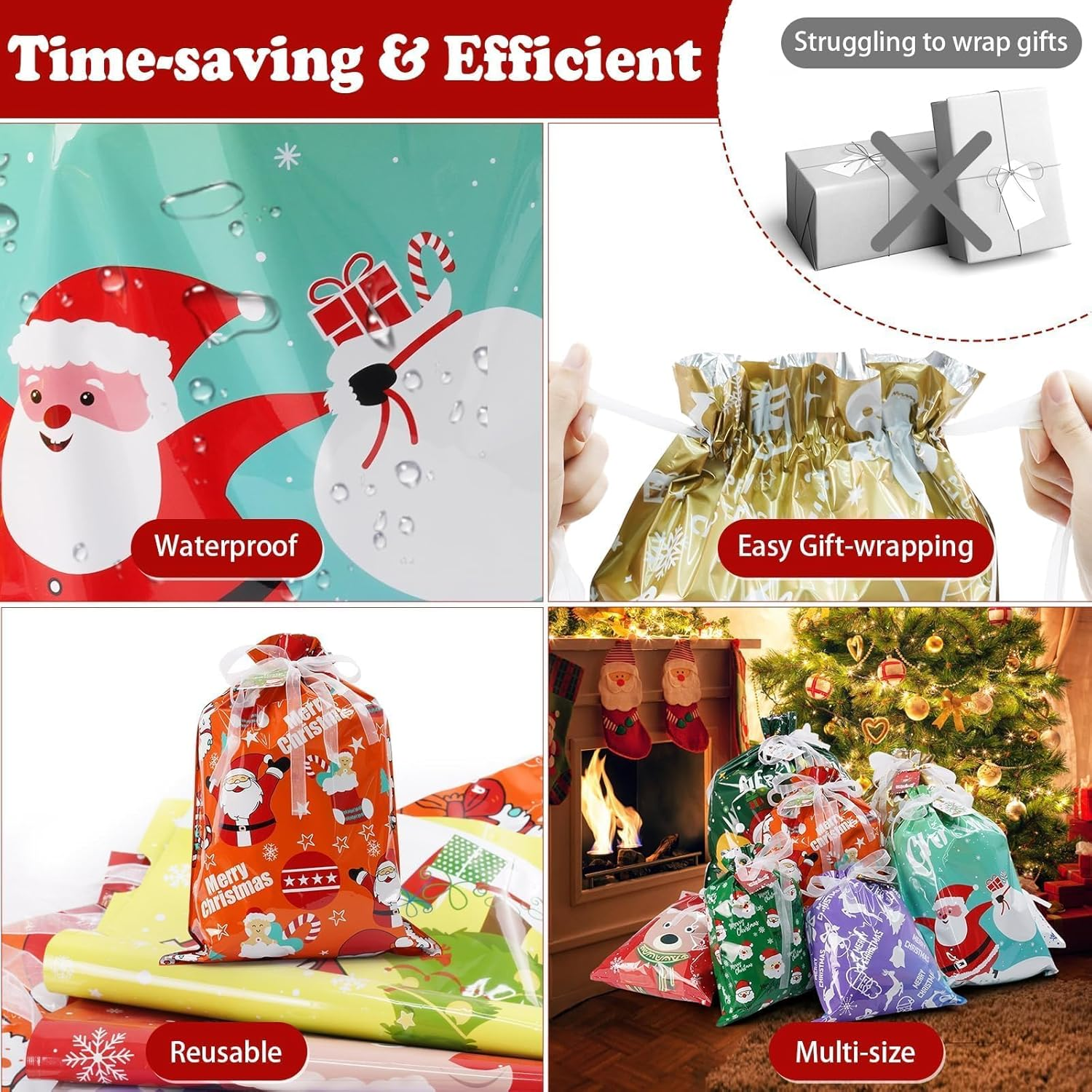 Christmas Drawstring Gift Bags 32Pcs, Xmas Treat Bags & Gift Tags Set, Assorted Sizes Large Medium Small, for Holiday Birthday Party Favors, Goody Bags, Gift Wrapping image number 1