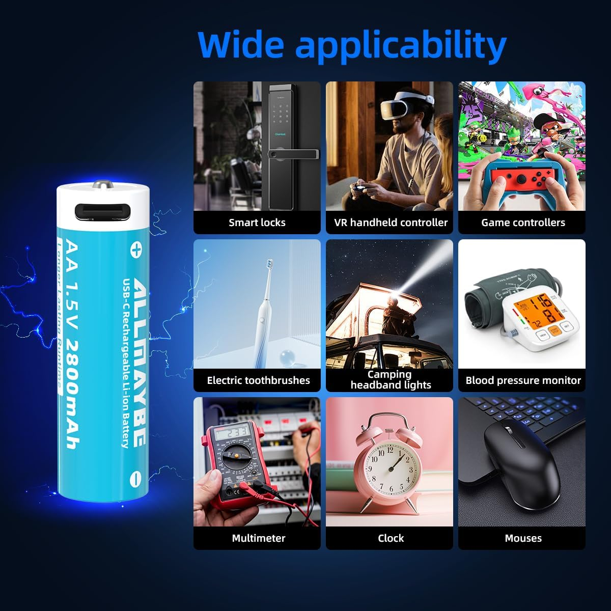 4-Pack Rechargeable 1.5V Lithium AA 2800Mah Batteries,Over 1200 Cycles,4-In-1 USB-A to USB-C Charging Cable image number 5