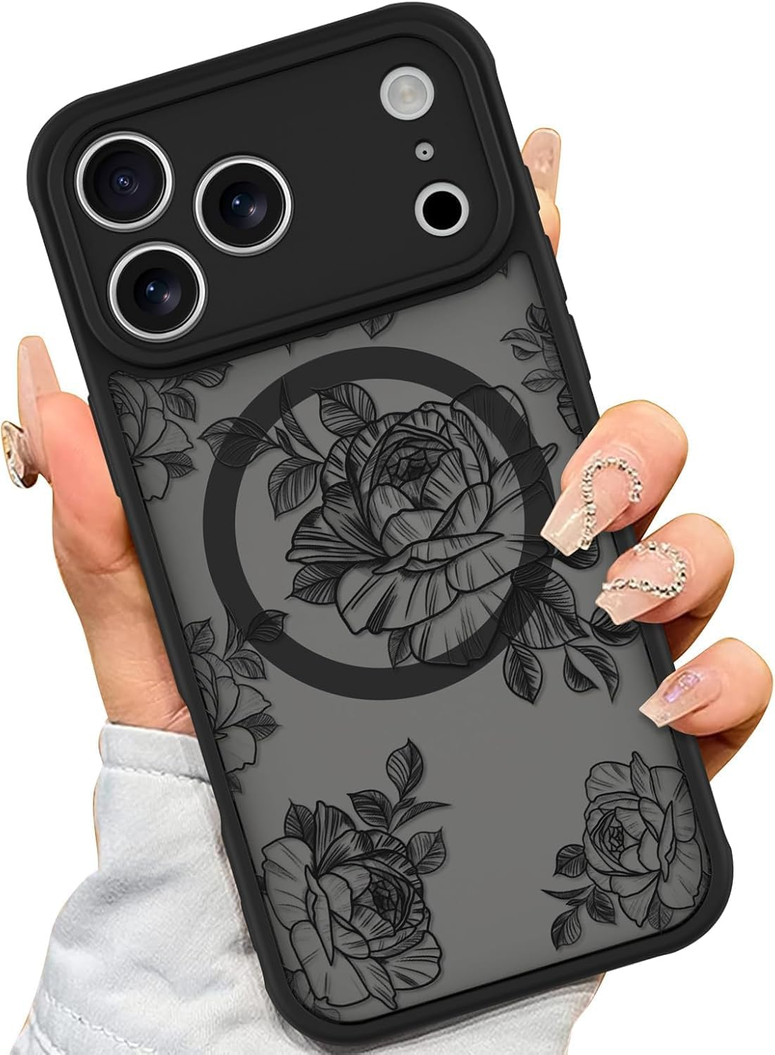 ELEPIK Black Floral Series for Iphone 17 Pro Max Case, [Compatible with Magsafe] [Military Shockproof Protection] Flower Pattern Design Phone Case for Women Girls Slim Magnetic Cover, Black Rose image number 5