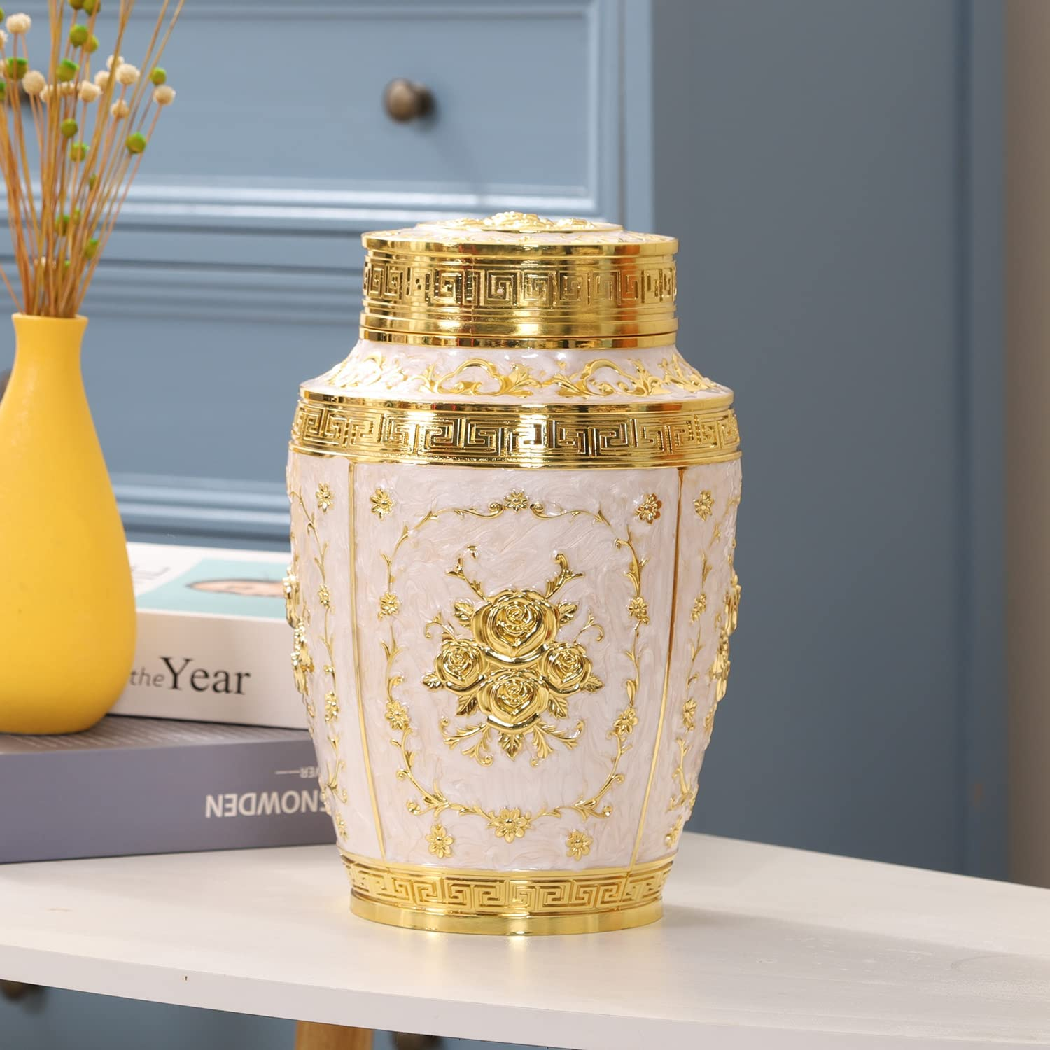 Rose Flower Cremation Urn for Human Ashes - Adult Female, Mom, Women - Zinc Alloy Funeral Urn - 200 Cubic Inches Capacity (Large Gold) image number 6