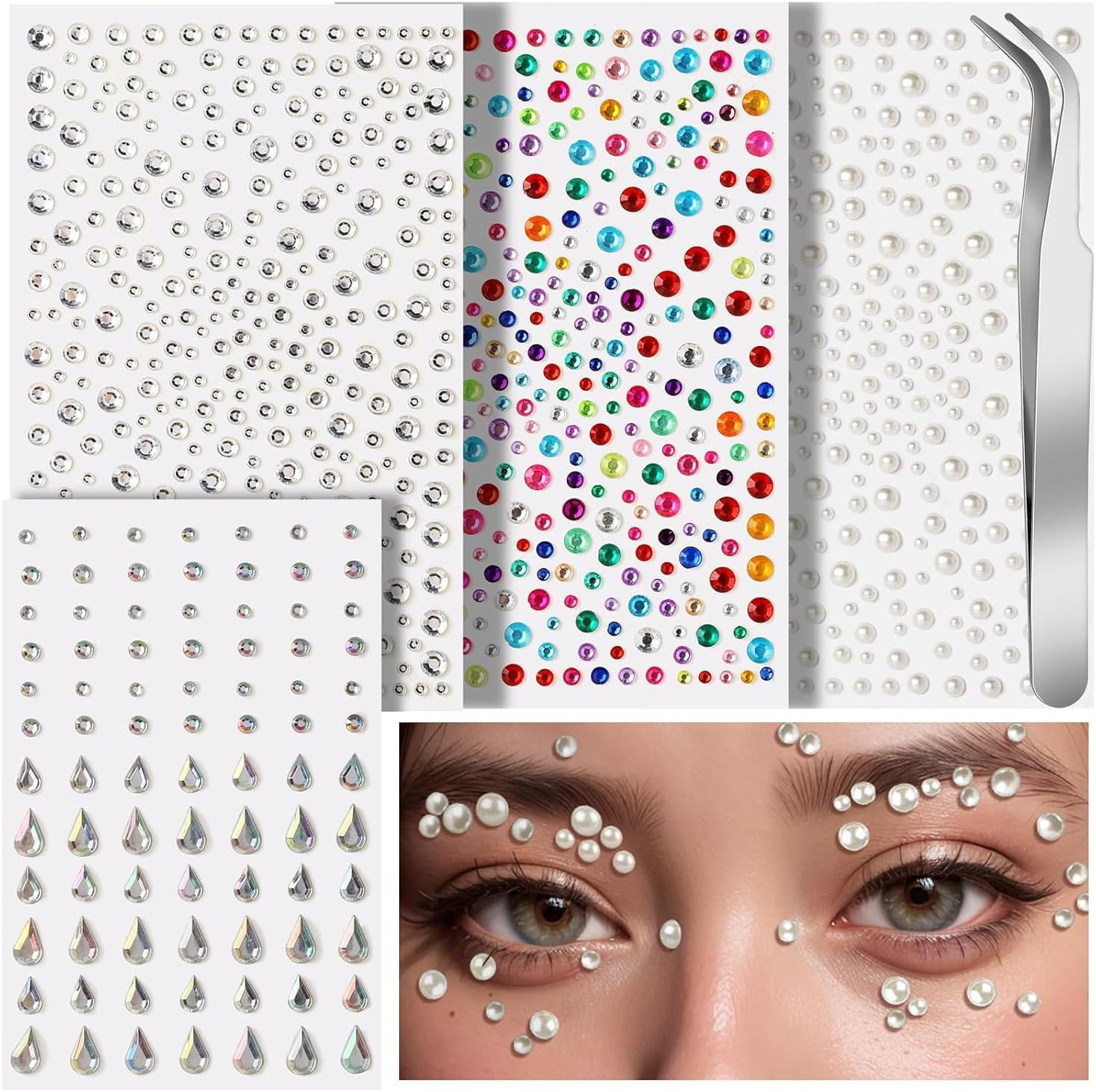 Face Gems Self Adhesive Face Gems and Pearls for Makeup, Halloween Decor，Rhinestone Stickers, Eye, Makeup, Rhinestone Festival Jewels, Hair Gems for Woman Kid'S image number 4