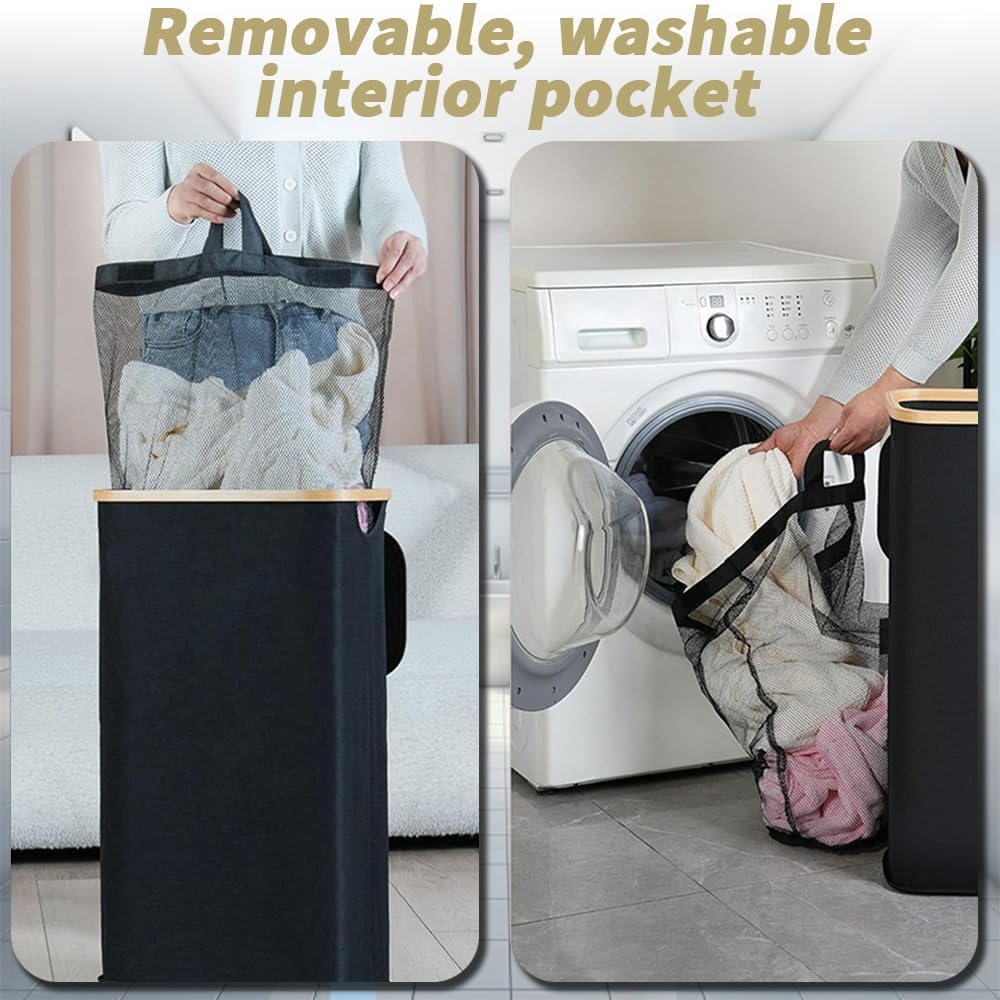 TOMVAES Laundry Hamper with Lid,Divided Folding Bamboo & Oxford Cloth Laundry Hamper,Modern Collapsible Hamper,Waterproof Liner, Great for Adults, Bathroom, Living Room