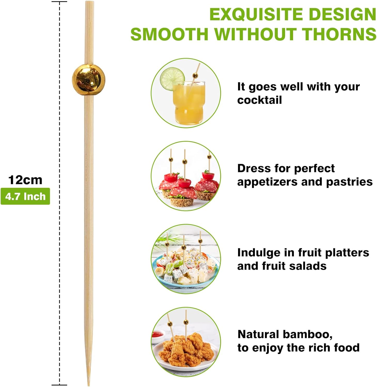 100PCS Cocktail Picks Toothpicks for Appetizers Gold Bamboo Cocktail Sticks Skewers for Drinks Party Fruit Food Sticks Charcuterie Boards Accessories