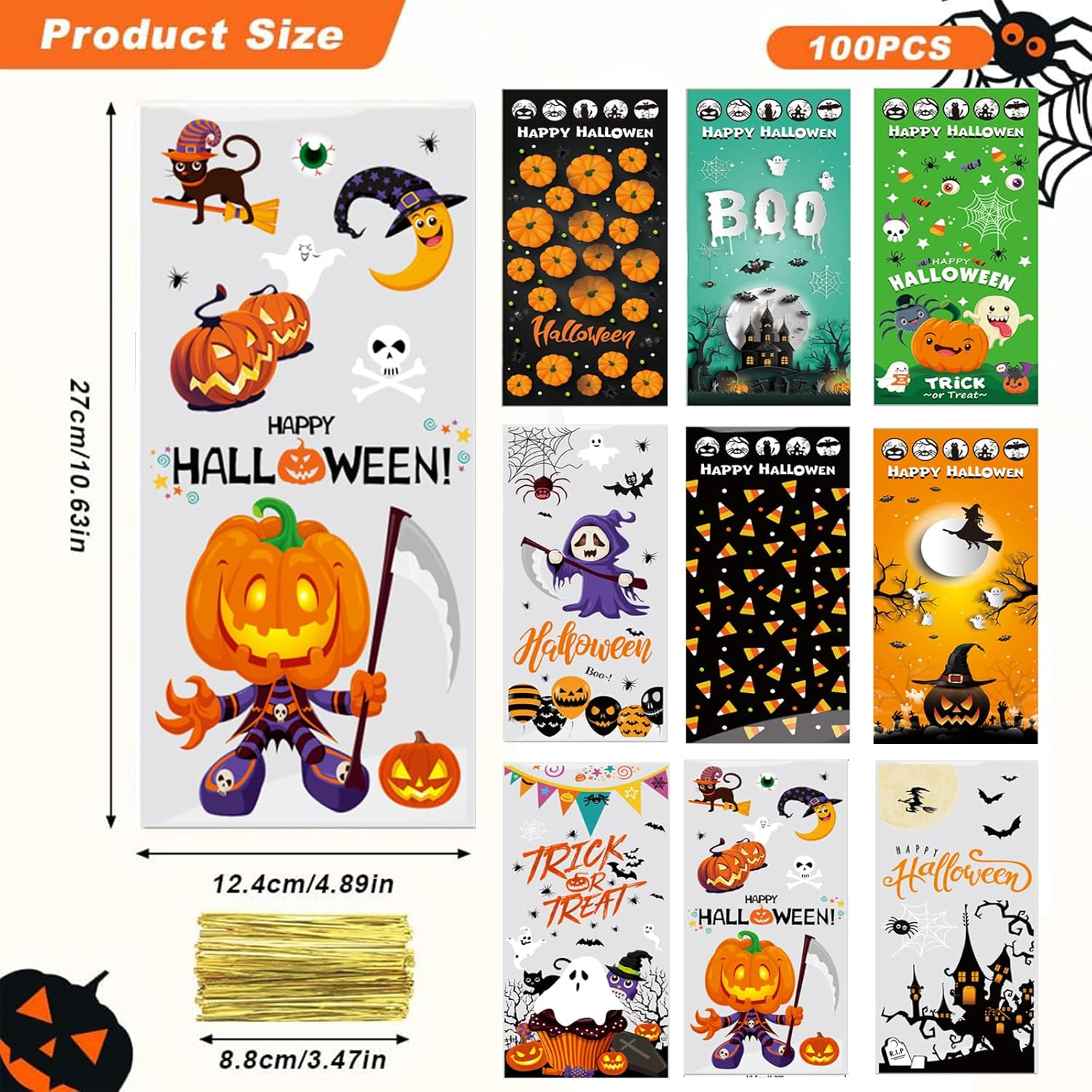 SYTHAK Halloween Treat Bags,100Pcs Bat Pumpkin Spider Witch Cellophane Plastic Bags,Trick or Treat Candy Goody Snacks Cookies Gift Bags Bulk with Twist Ties,For Holiday Halloween Party Favors Supplies image number 1