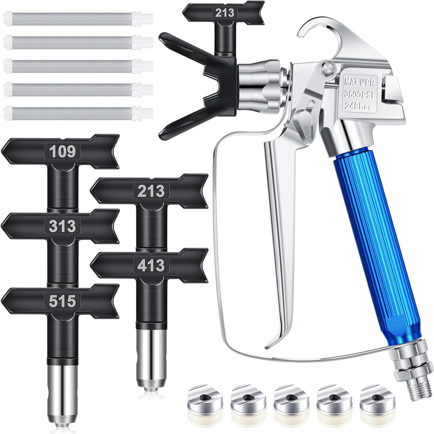 Airless Paint Sprayer Gun Kit 12-Piece- Complete Set with Nozzle Guard, 5 Spray Tips (211/313/415/517/623) & 5 Mesh Filters, Professional Spray Gun for Painting, Furniture, Fences & DIY Projects image number 5