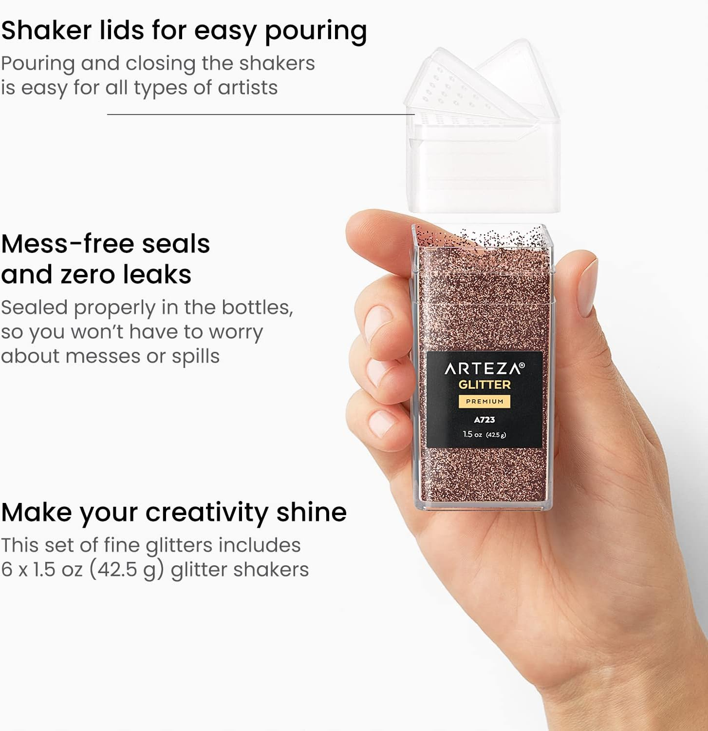 Arteza Fine Glitter, Set of 6, Metallic Glitter for Resin in 1.5-Oz Bottles, Arts and Crafts Supplies for Art Class, After-School Programs, and Holiday Craft Projects image number 3