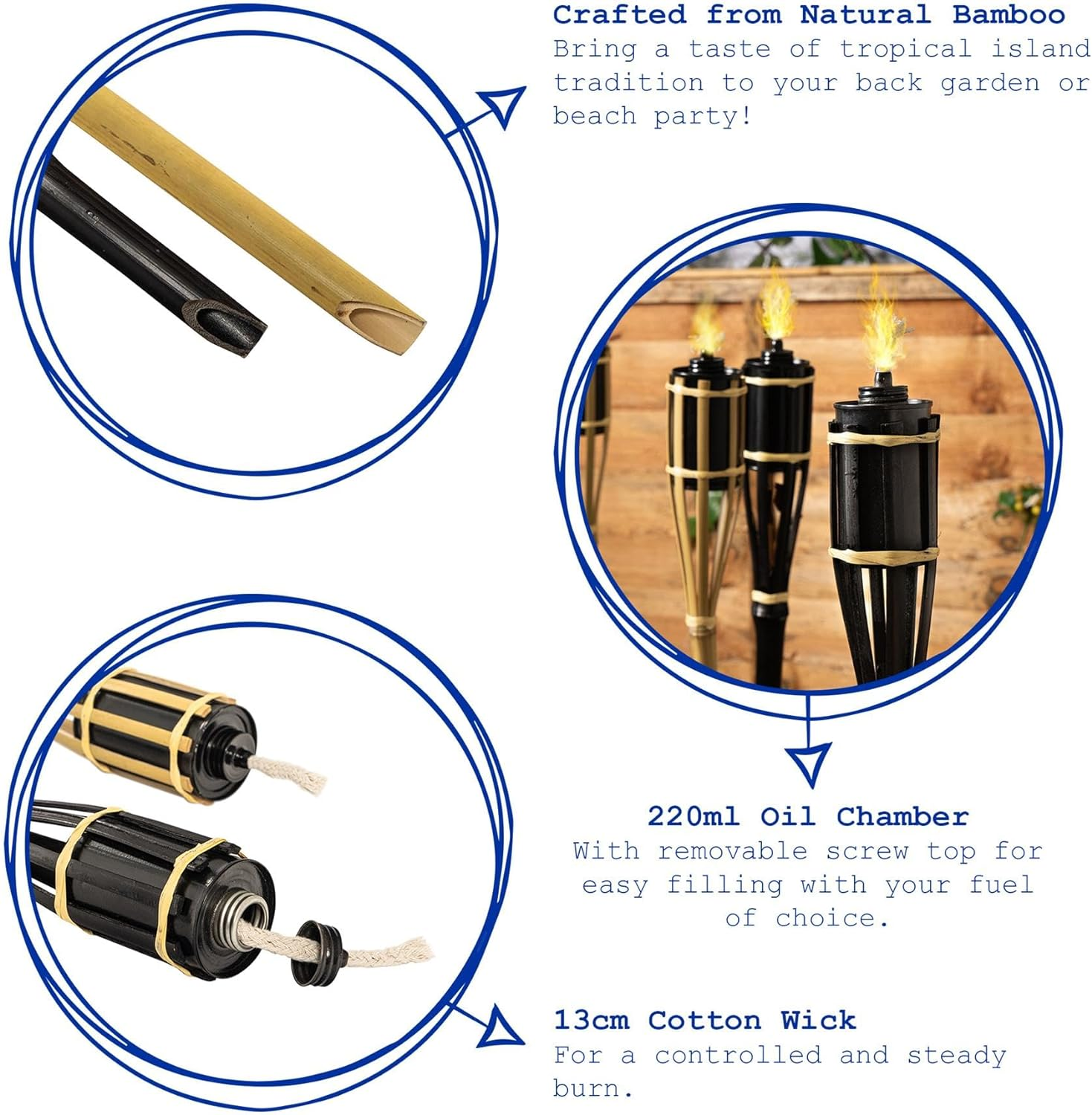 Harbour Housewares Bamboo Fire Torches - 60Cm - Yellow - 12X Garden Lighting Traditional Tiki Torches Outdoor Paraffin Oil Lamp Candle Flame Lantern with Removable Screw Top