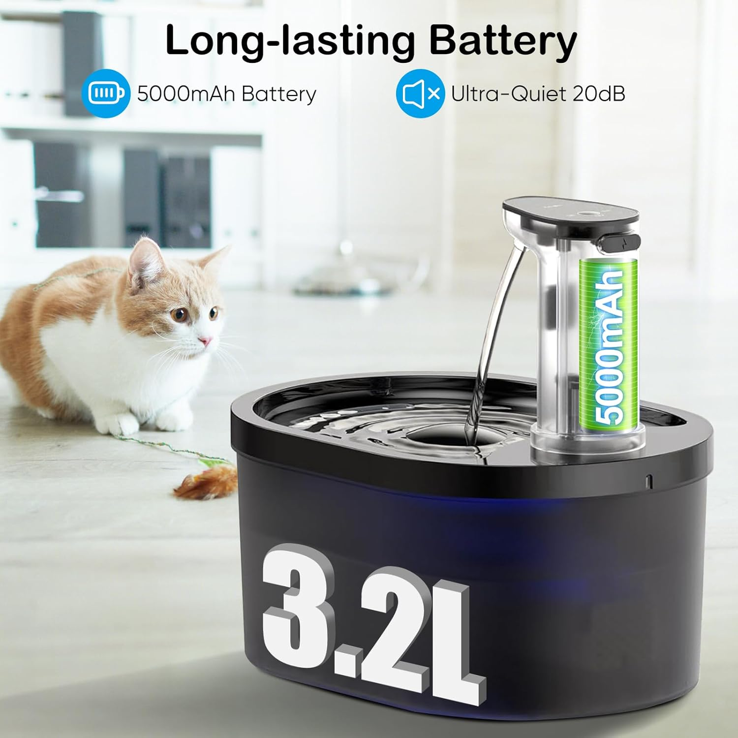 Cat Water Fountain Battery Operated with Motion Sensor, Automatic 3.2L Pet Water Fountain for Cats Dogs,Wireless Ultra Quiet Cat Drinking Fountain image number 2