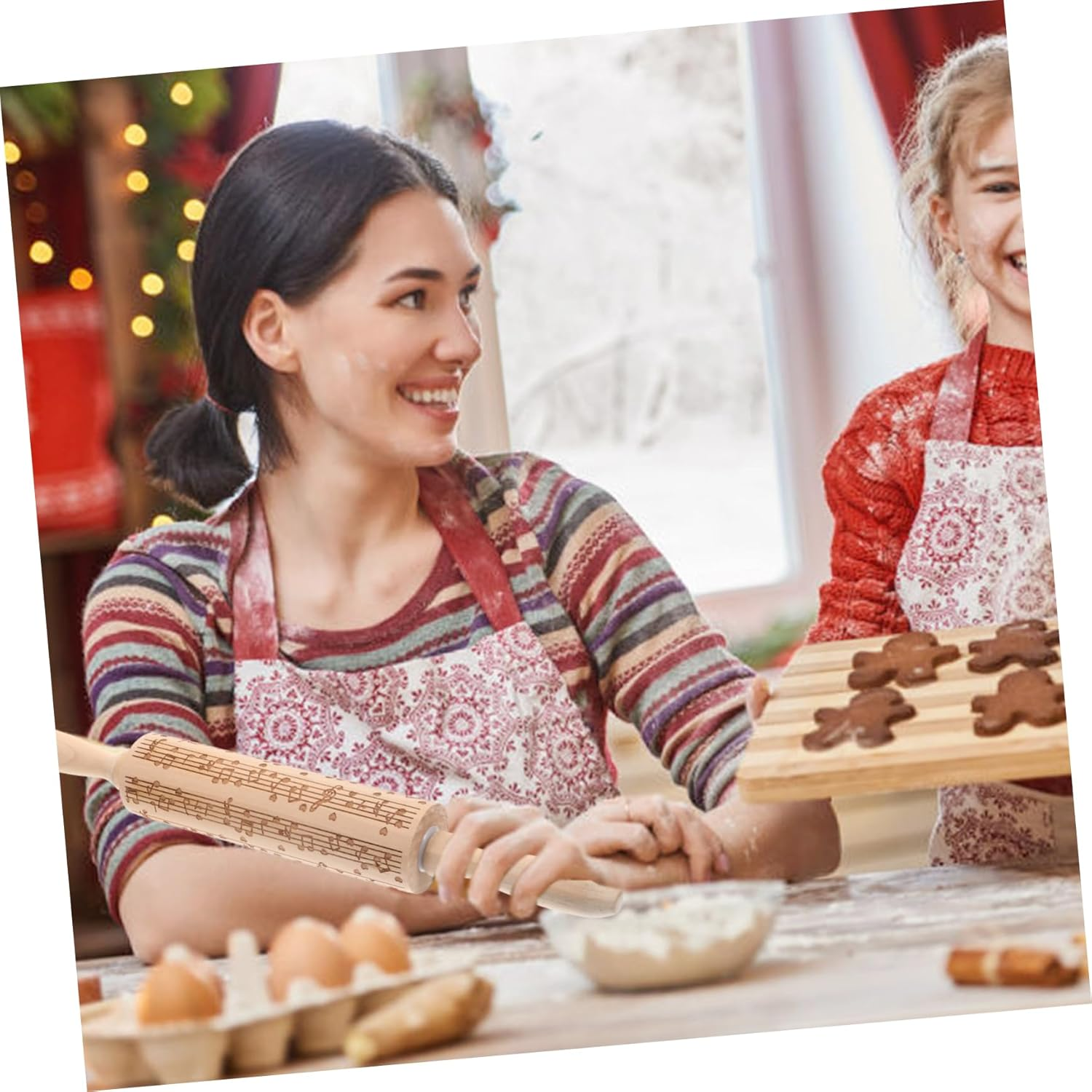 WOONEKY Wooden Dough Roller Non-Stick Rolling Pin for Baking Embossed Christmas Cookie Pattern Multi-Use Pasta Pressing Tool Kitchen Dough Roller image number 5