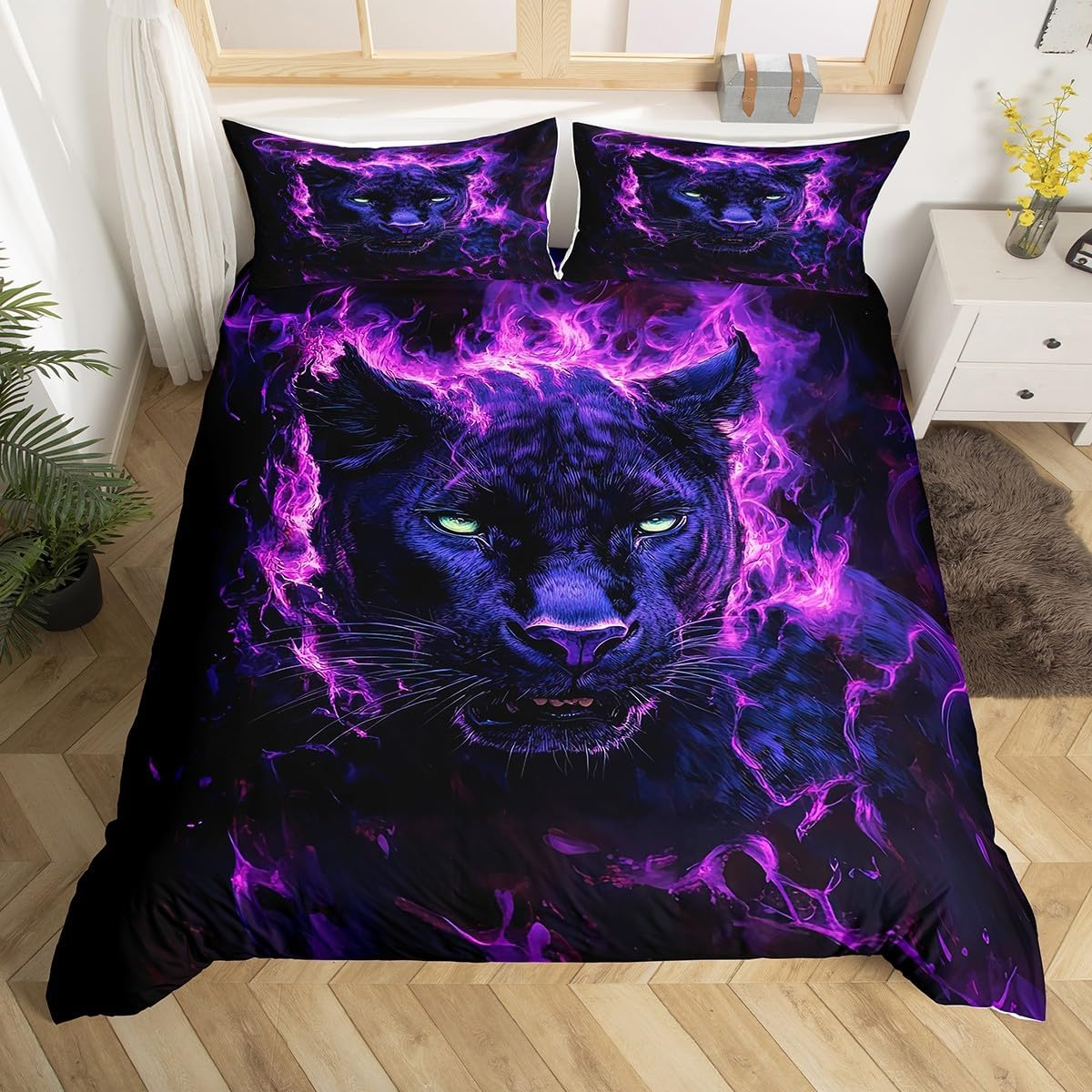 Homewish Leopard Print Duvet Cover for Children, Boys, Adults, Wild Cheetah Bedding Set, 135 X 200, 3D Fierce Animals, Wild Animals Comforter Cover, Purple, Fire, Cool Animals Bed Set image number 2