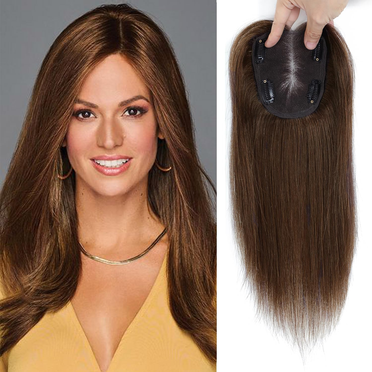 GULALUUK Human Hair Toppers for Woman Real Hairpieces for Thinning Hair 120 Density 3X4 Inch Swiss Bace (10Inch, Medium Brown)