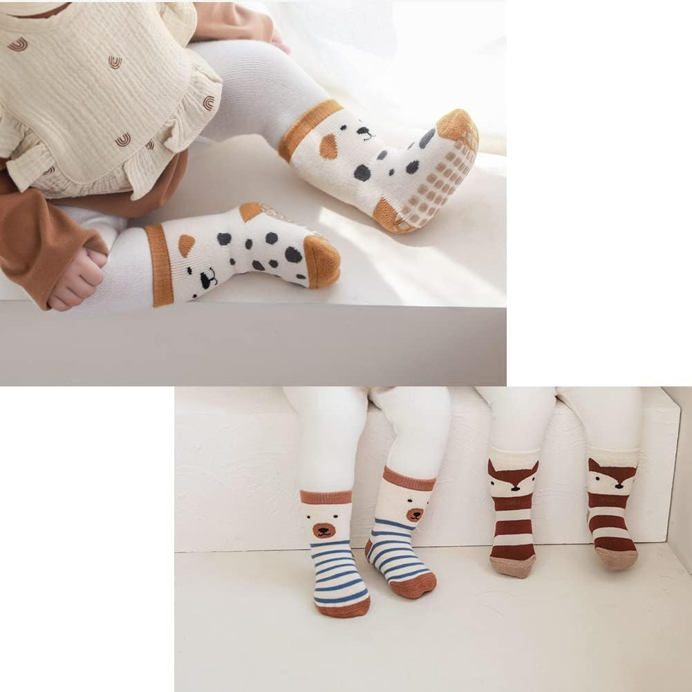 Exegawe Baby Non Slip Socks Winter - 5 Pairs Toddler Kids Thick Warm Crew Socks with Grips for Girls Boys Non Skid Socks image number 7