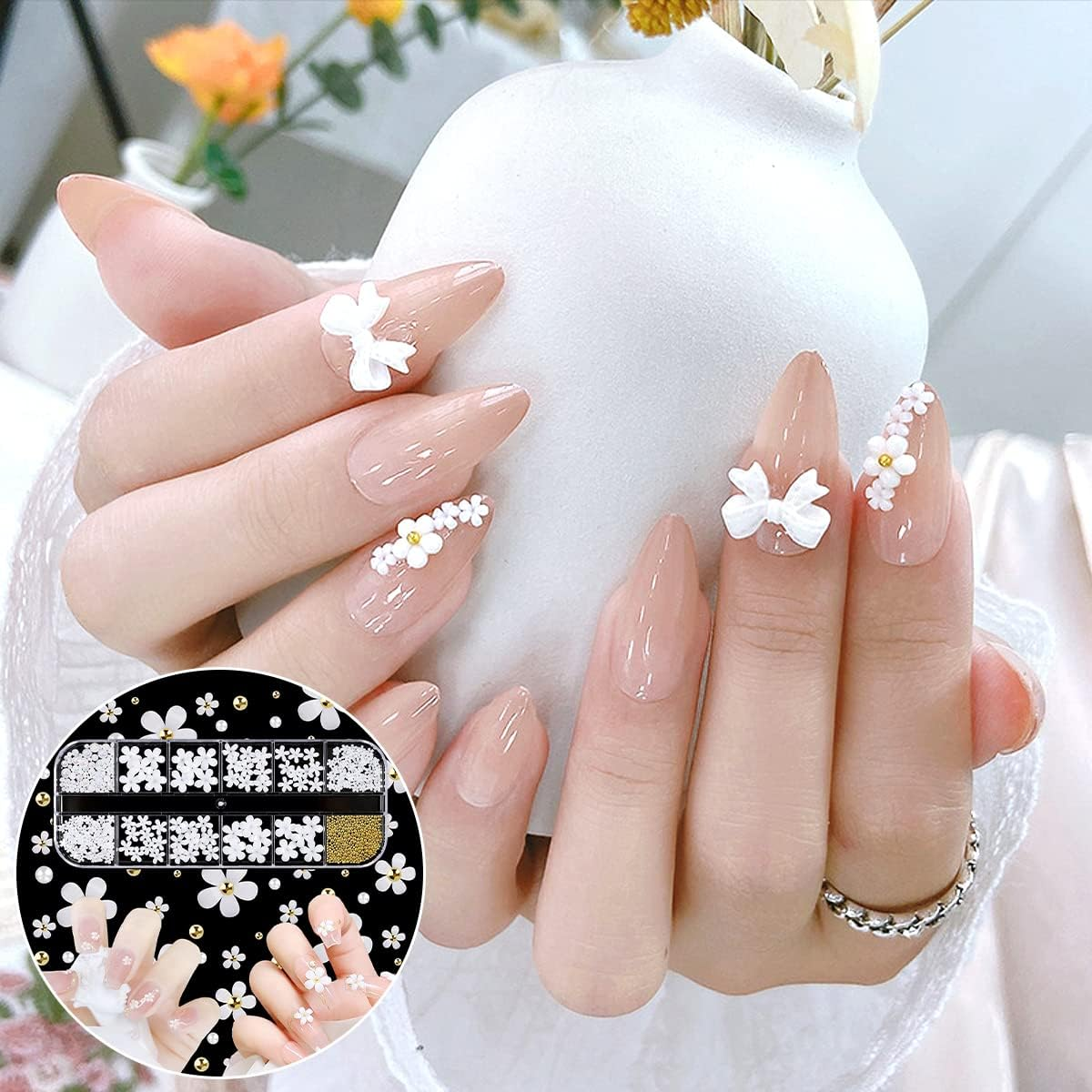 BEZANU Flower Nail Art Charms, White Flowers Nail Rhinestones Kit with Nail Beads for DIY Nail Art Craft (12 Kind) image number 3