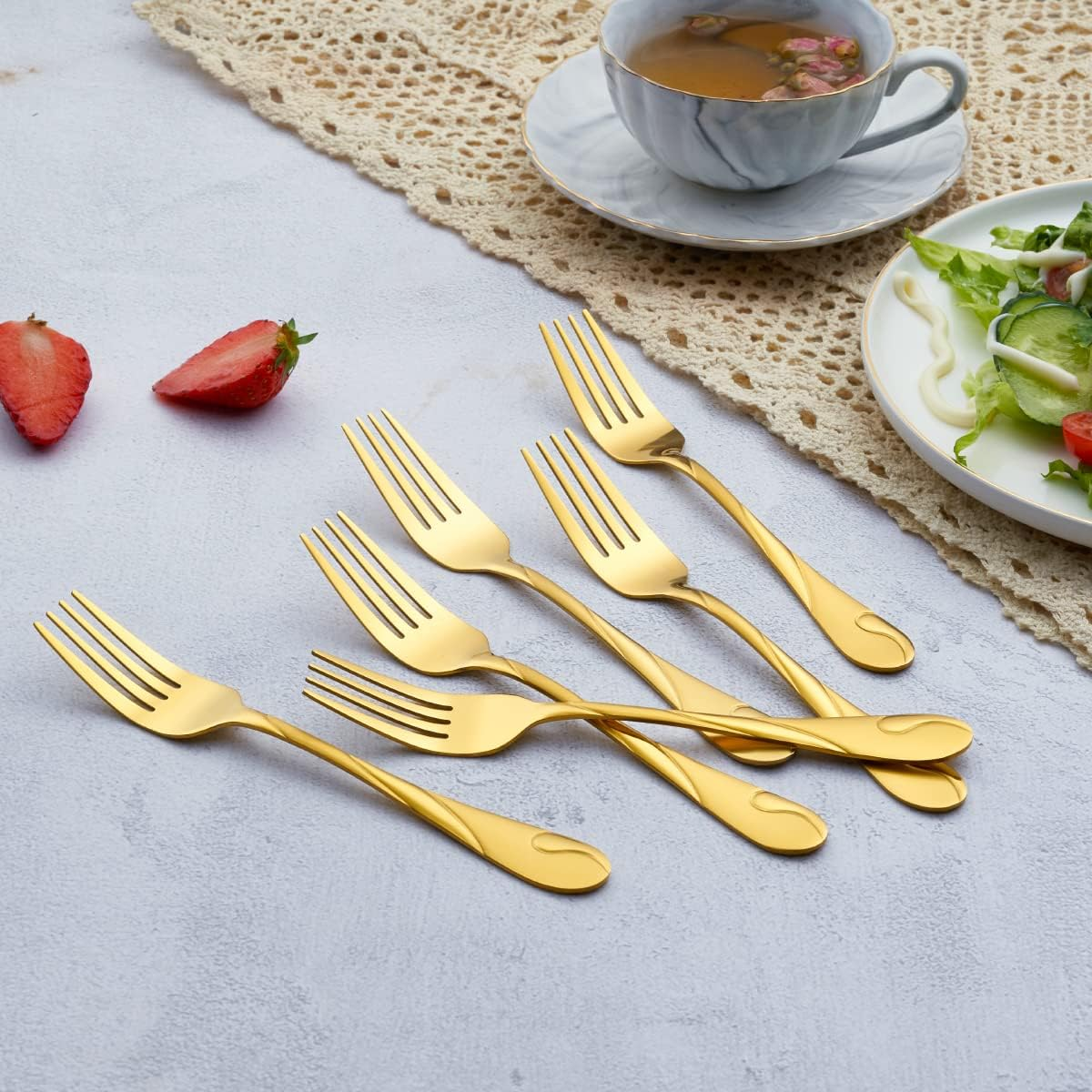Gold Salad Fork Set, Seeshine 6.9-Inch(17.5Cm) Stainless Steel Dessert Fork Set, Shiny Gold Metal Cake Fork, Set of 6 image number 3