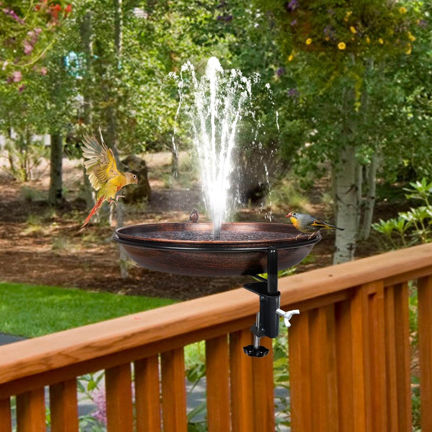 DREAMSOUL Deck Mounted Bird Bath Metal Birdbath Bowl Unheated with Lightweight Detachable, Bird Baths with Adjustable Sturdy Steel Clamp for Deck Railing Balcony Yard Outdoors Garden Decoration