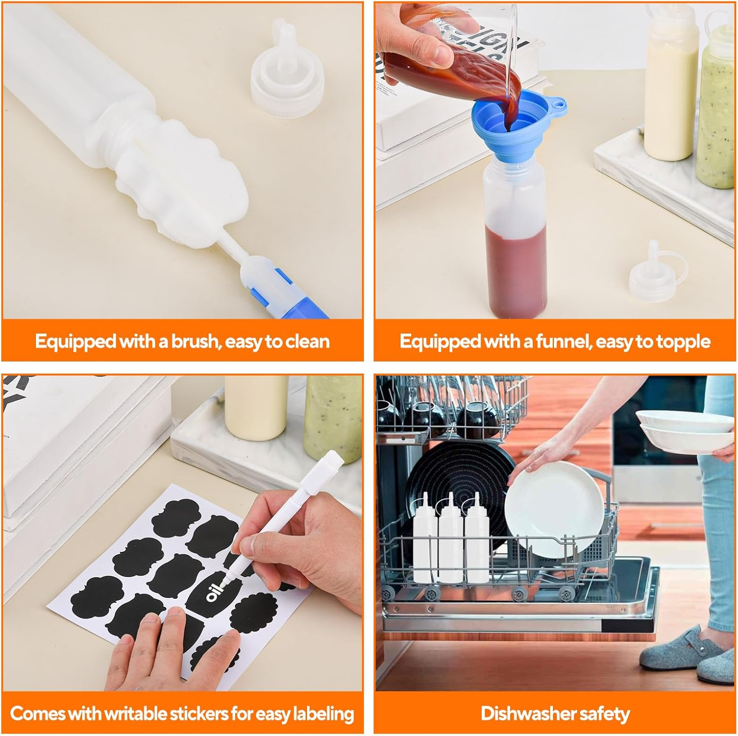 4 Pcs 8 Oz Condiment Squeeze Bottles for Sauce, Plastic Squeeze Bottles, Squirt Bottle Oil Container Dispenser for Ketchup, Sauce, BBQ, Grilling, Salad Dressing, Honey,Paint and Craft image number 3