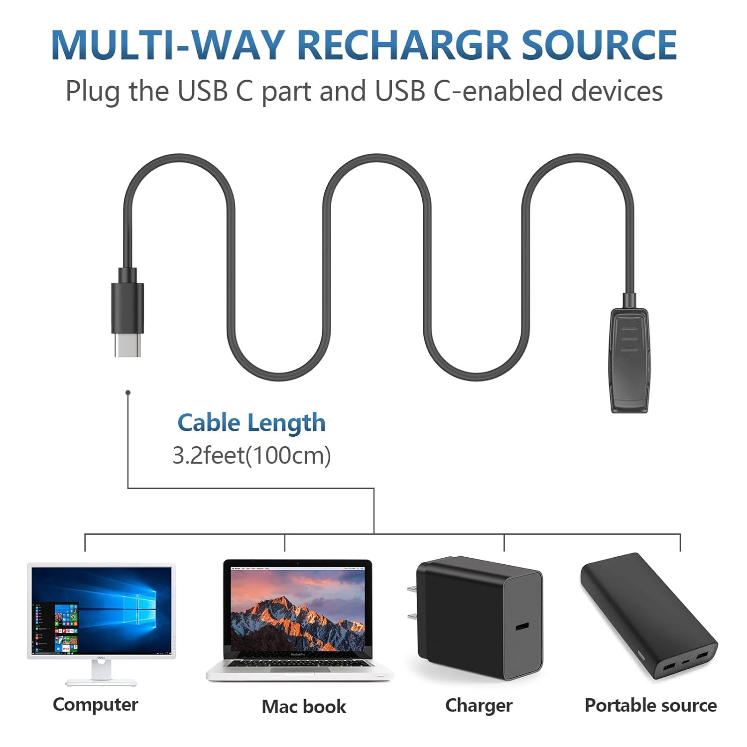 1M USB C Charger Cable for Garmin Lily Charger, Fast Type C Charging Cable 100Cm/3.3Ft Cord for Garmin Lily 1/2, Forerunner 30 35 35J 230 235 630 645 Music 735XT, Approach G10 S20 image number 2