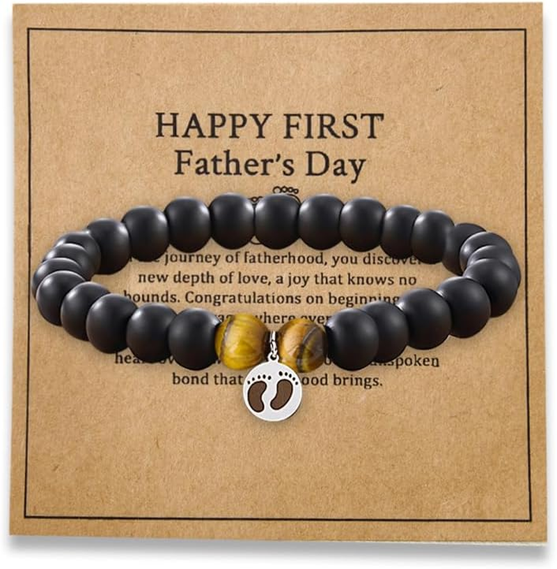 Father Day Gifts for New Dad Birthday Gifts for Dads to Be Gift to Daddy Natural Stone Bracelet with Feet Print Gift