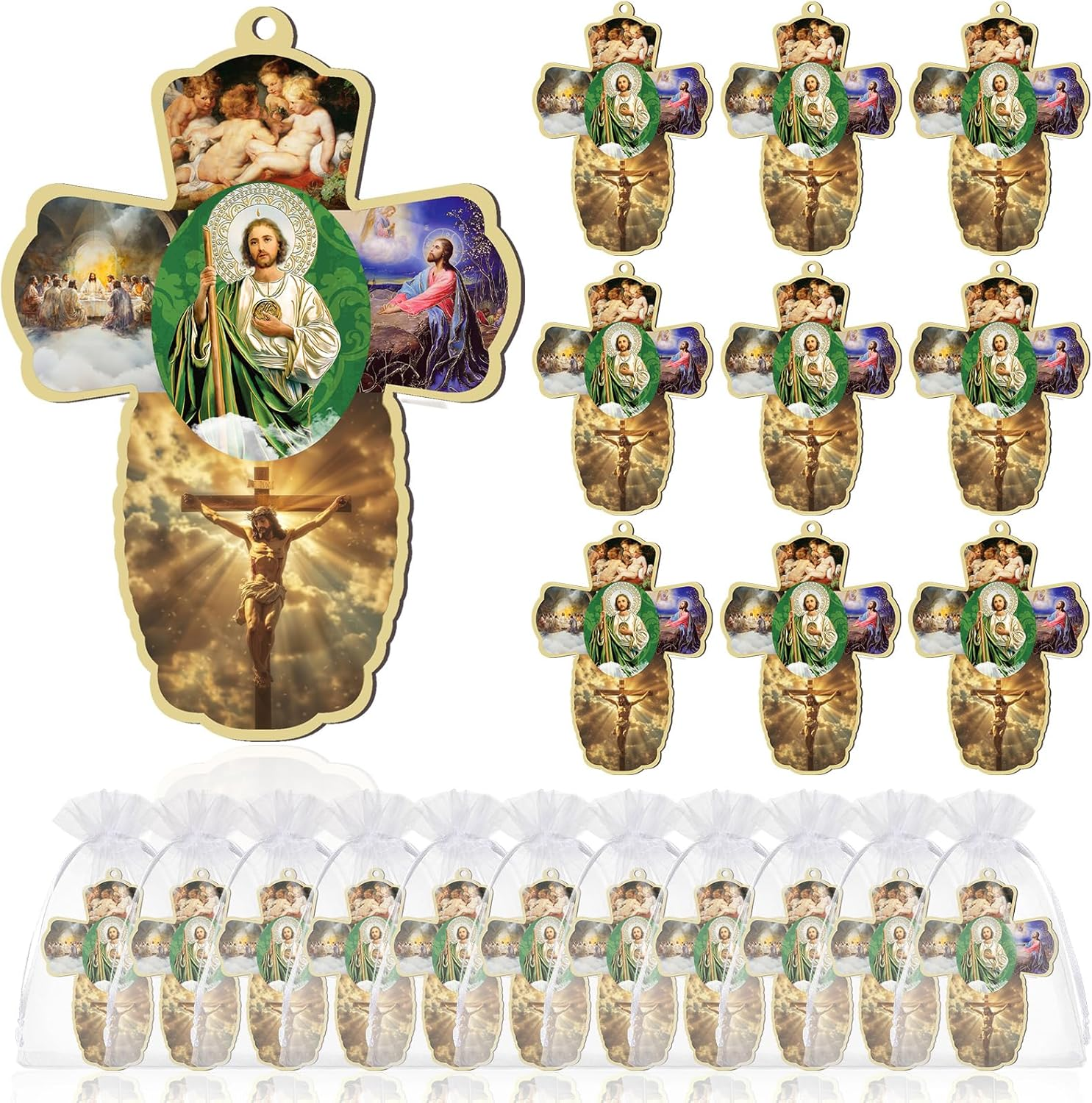Landical 24 Pcs San Judas Tadeo Wood Wall Cross with Organza Gift Bags Novena Green Saint Jude Statues Catholic Religious Gifts for First Communion Baptism Favors Para Recuerdos De Bautizo Para Ni&ntilde;o image number 2