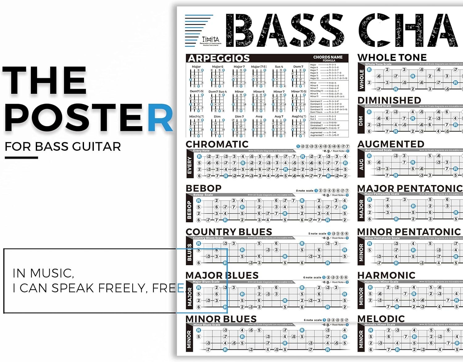 Bass Scales and Modes Chart Poster of Pentatonic Scales | Blues Scales | Harmonic Minor Scales | Melodic Minor Scales and Diatonic Mode Scales, Bass Guitar Wall Chart for Beginners Adult or Kid