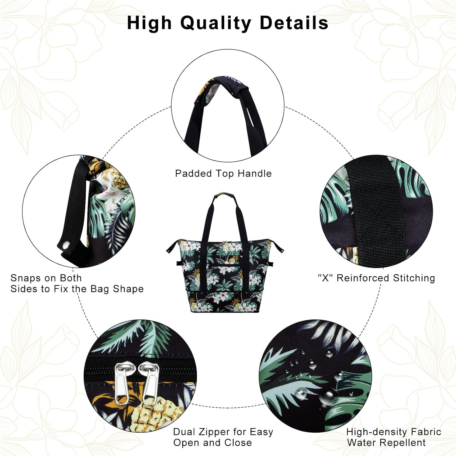 HAWEE Expandable Duffel Bag for Women with Trolley Sleeve/Wet Pocket Weekender Travel Tote Large Carry on Overnight Luggage - Beige Flower image number 5