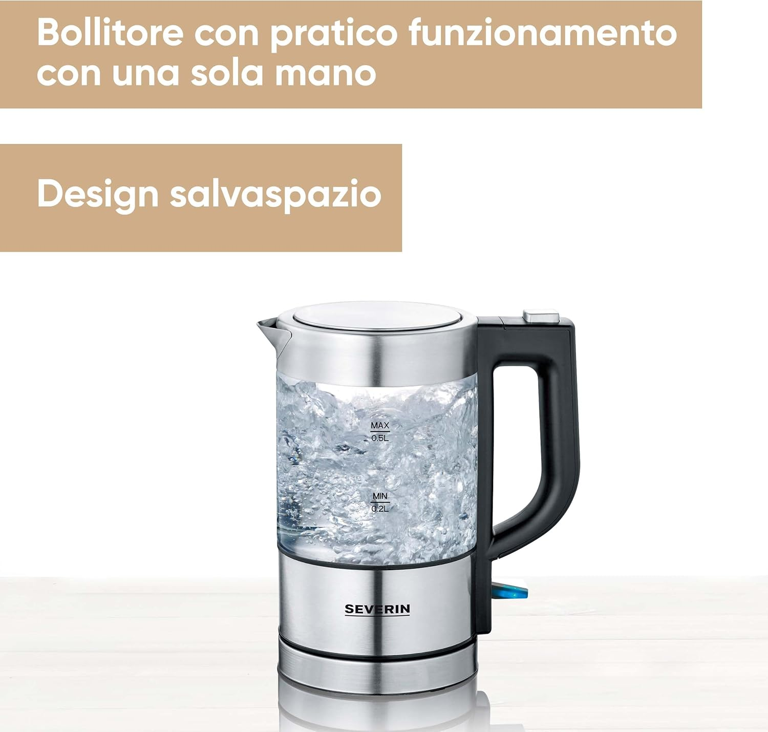 SEVERIN Mini Glass Kettle 0.5 L, Powerful and Compact in High-Quality Design, Electric Kettle with Limescale Filter, Stainless Steel/Black, WK 3472