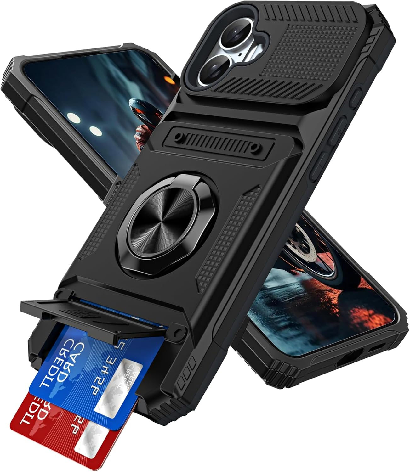 QIWEIQING Case for Iphone A, Military-Grade Shockproof Built-In Kickstand Phone Case Slide Camera Cover Removable Card Holder Anti-Scratch Rugged Bumper Cover for Iphone A. Black LM image number 1