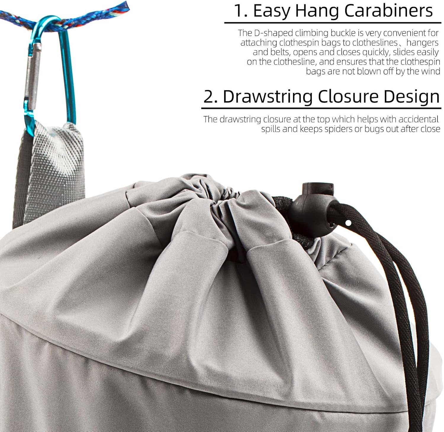 Mesh Clothespin Bag Holder Outside, Multiple Hanging Methods Clothes Pin Bag with Drawstring Closure, Ventilation and Moisture Resistance, Large-Capacity Clothespin Storage Organizer with Hooks image number 4