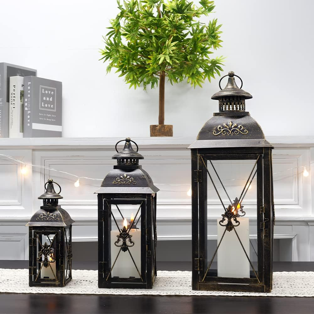 TRIROCKS Set of 3 Decorative Hanging Lantern 19'' High Vintage Metal Candle Holder with Clear Glass Perfect for Living Room Garden Yard Patio Parties Events Indoors Outdoors (Black)