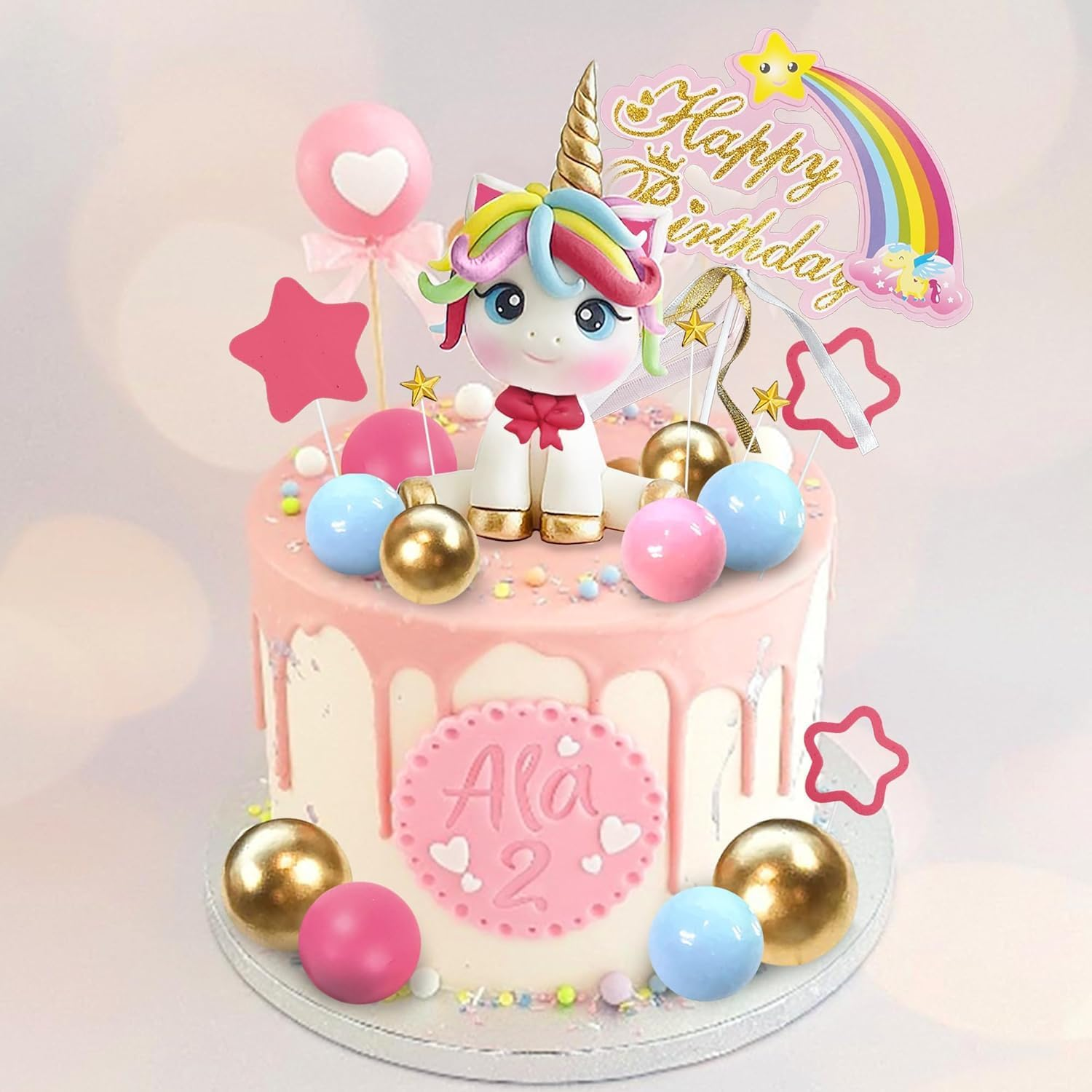 29 PCS Unicorn Cake Topper, Unicorn Rainbow Cake Decorations with Rainbow Stars Unicorn Balls Happy Birthday Cake Decorations for Boys Girls Kids Birthday Party Baby Shower Supplies image number 4