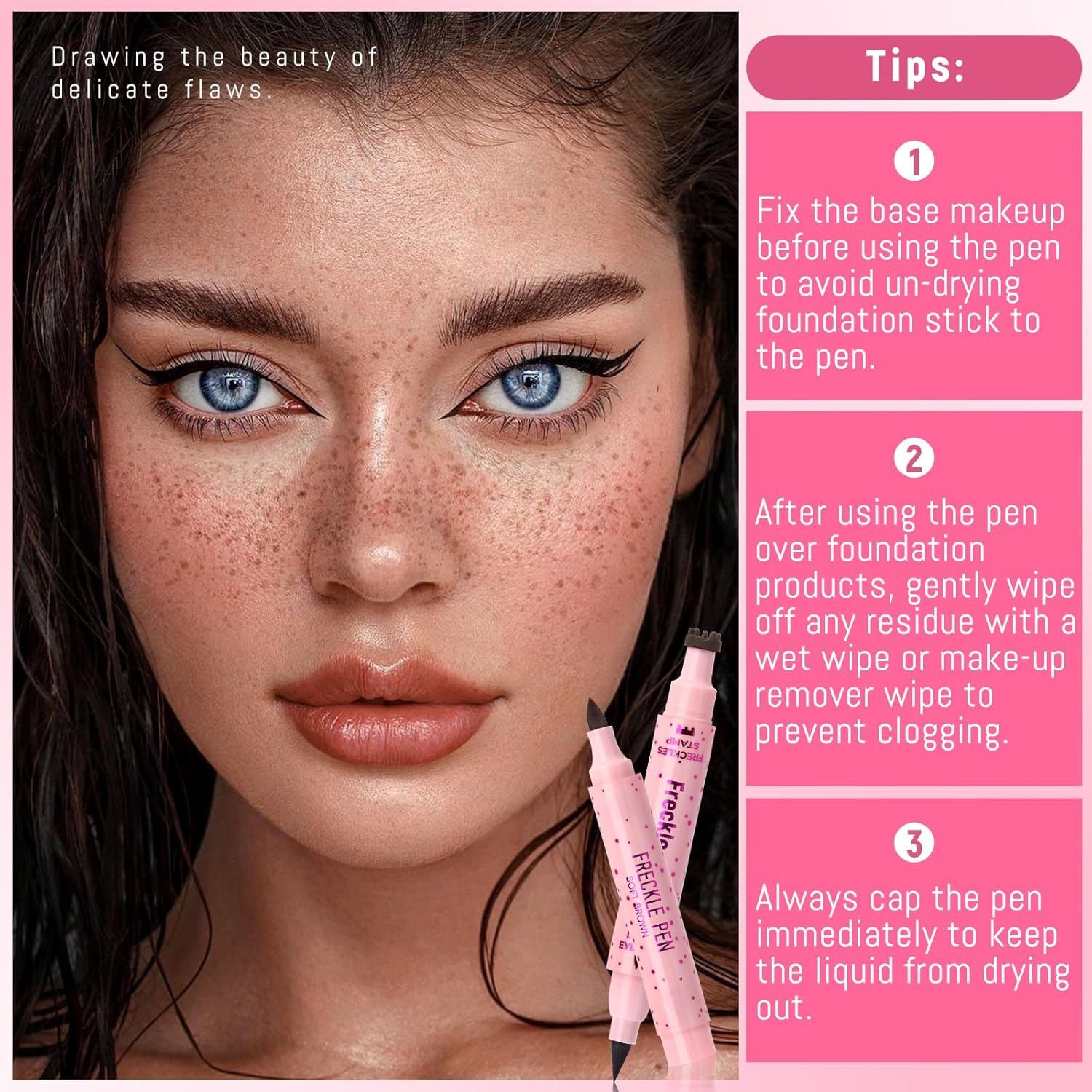 Noerrors 2 X Freckle Stamp Pen for Naturally Lifelike Freckles 2 in 1 Freckle Stamp Eyeliner and Soft Dot Dot Pen Waterproof Long-Lasting Makeup #Light Brown image number 3