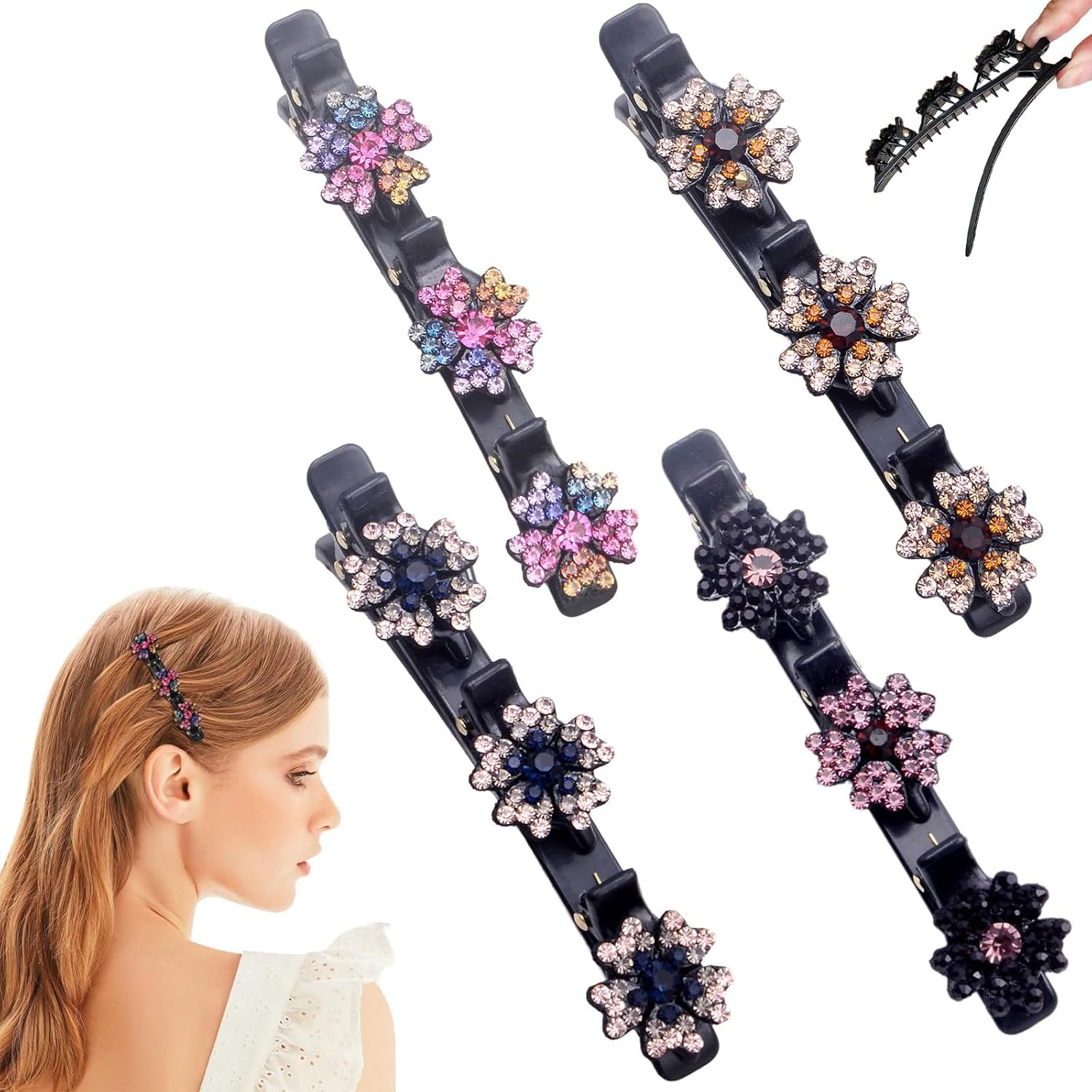 4Pcs Sparkling Crystal Stone Braided Hair Clips, 3 Flower-Shaped Crystal Stones Braided Hair Clips, Hair Accessories for Styling Sectioning, Braided Duckbill Clips for Women and Girls image number 5