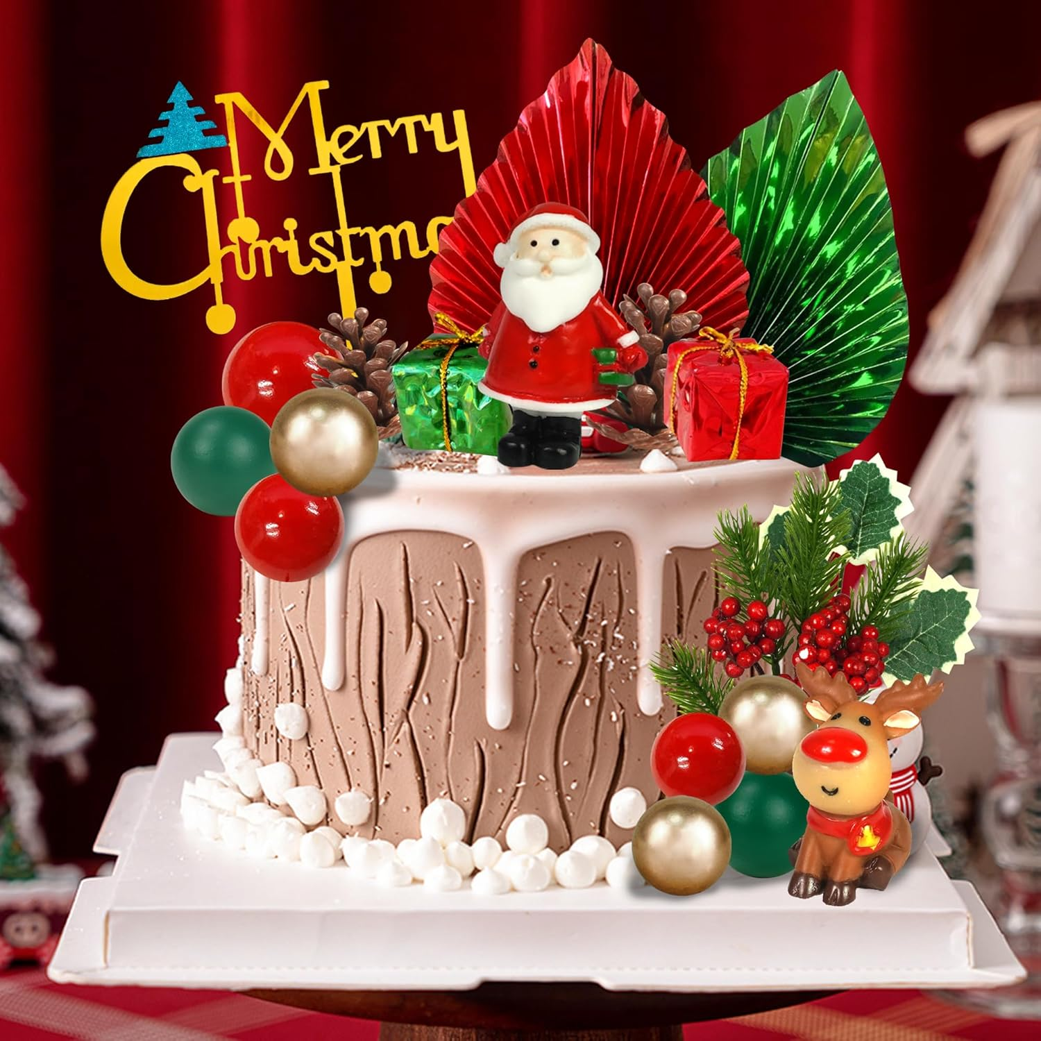 20 PCS Christmas Cake Toppers Merry Cake Decoration with Green Red Palms Tree Mini Santa Reindeer for Christmas Themed Birthday (Style 1) image number 2