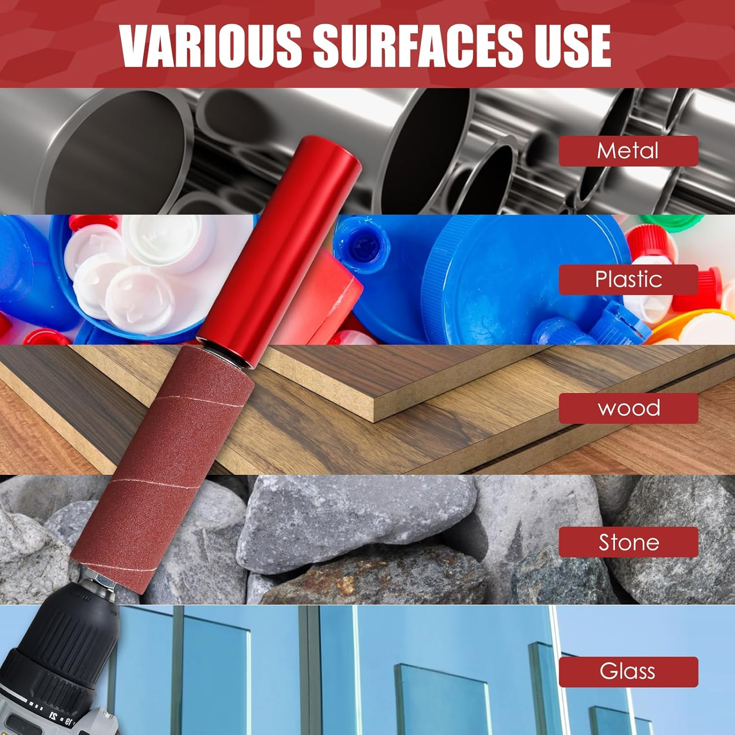 Abizarch Drum Sander Set Portable Rubber Sanding Drum Hand-Held Spindle Sanding Drum with 120 Grit Sandpaper Drum Sanding Sleeves Power Drill Driven Drum Sander for Wood Metal Plastic(Gules)