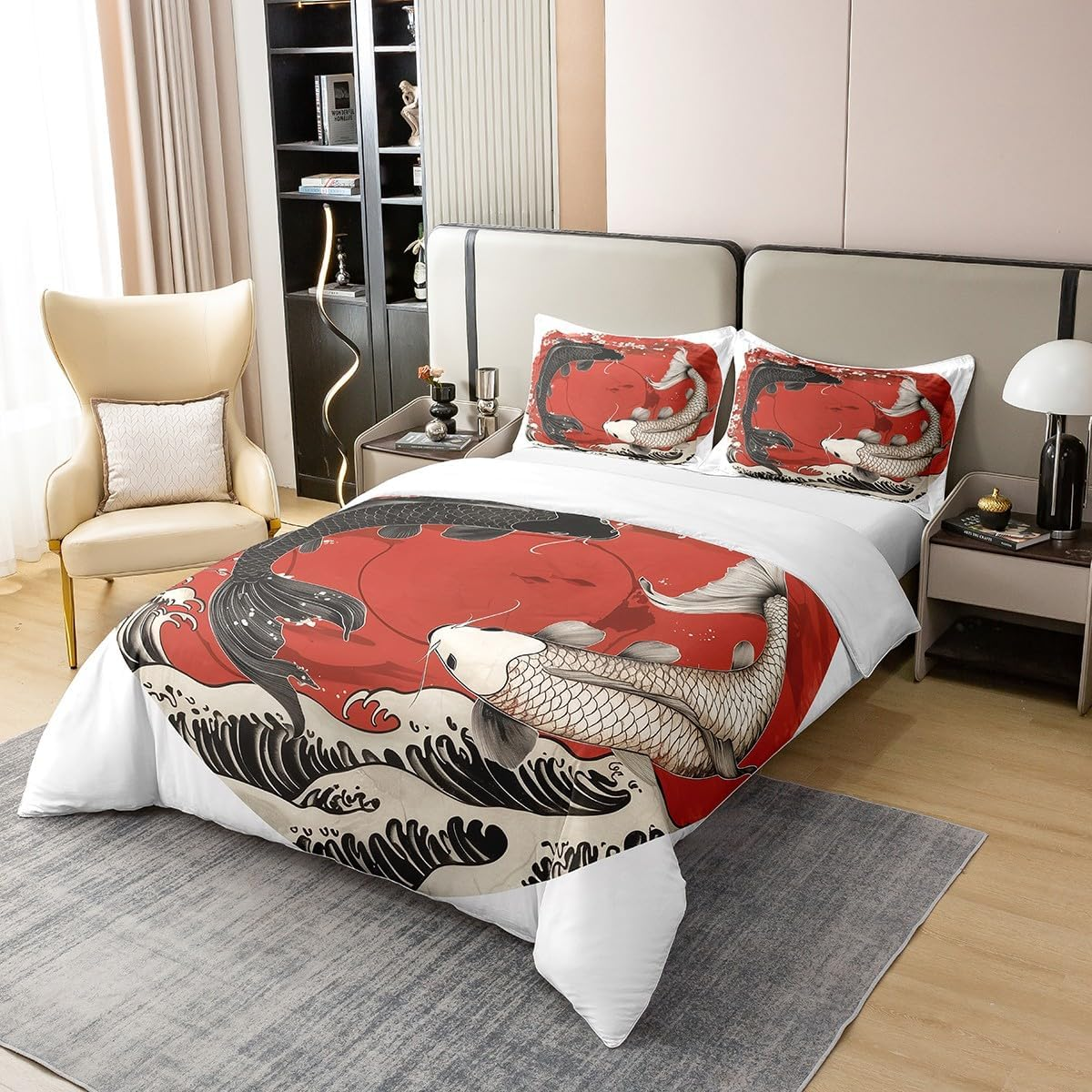 100% Cotton Koi Fish Bed Linen Set 155 X 220 Cm Japanese Style Ukiyo-E Comforter Cover Ocean Waves Floral Duvet Cover Japanese Red Sun Bedspread for Women Men Adults image number 4