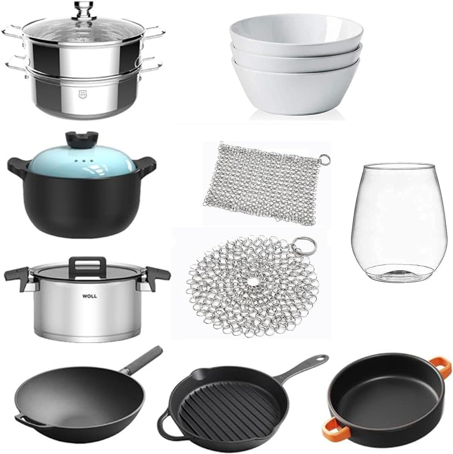 Cast Iron Skillet Cleaner Chainmail Srubber, 2 Pack 5"X 5" Rectangle & 4"X 4" round Premium Stainless Steel Chain Maille Scrubber Metal Scrubber for Cast Iron Pans CS03 Skillet Wok Pot Glassware