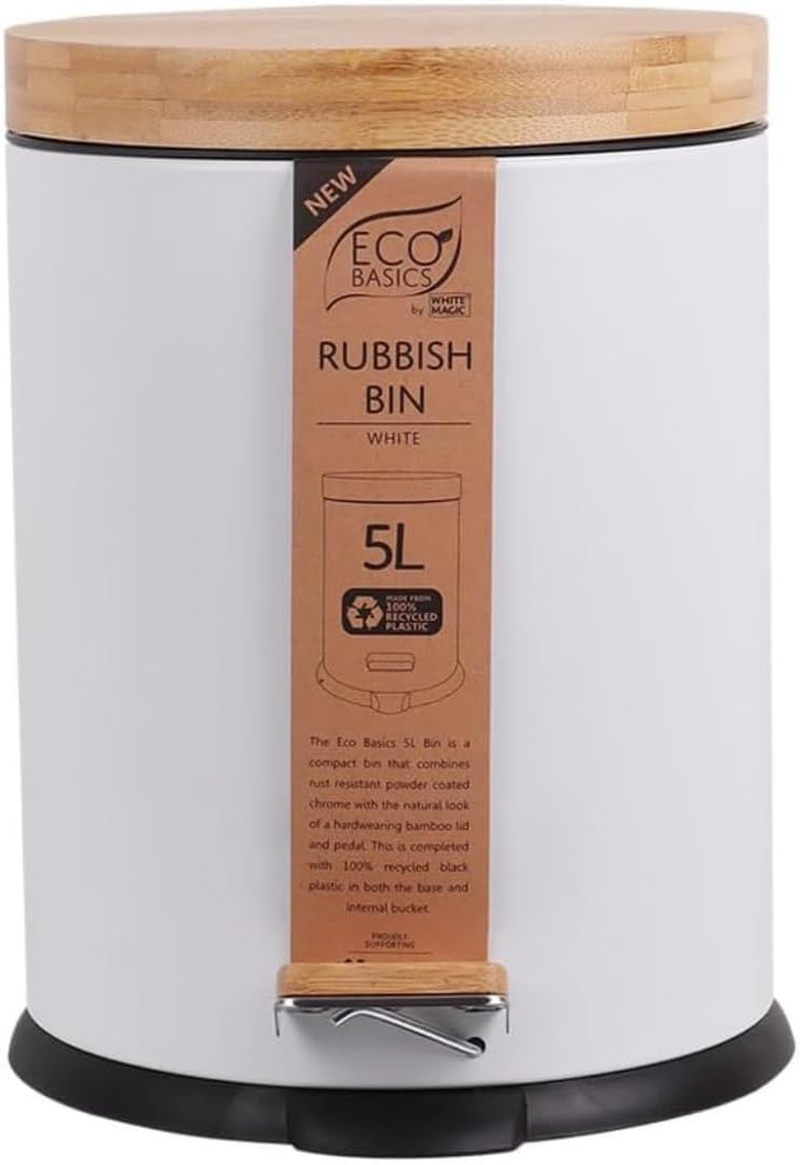Eco Basics Rubbish Bin, White, 5 L &ndash; 100% Recycled Plastic, Bamboo & Powder-Coated Chrome, Rust-Resistant, Non-Skid Base, Soft-Close Mechanism, Compact for Bathrooms & Toilets, 28.5 X 21.5 Cm image number 4