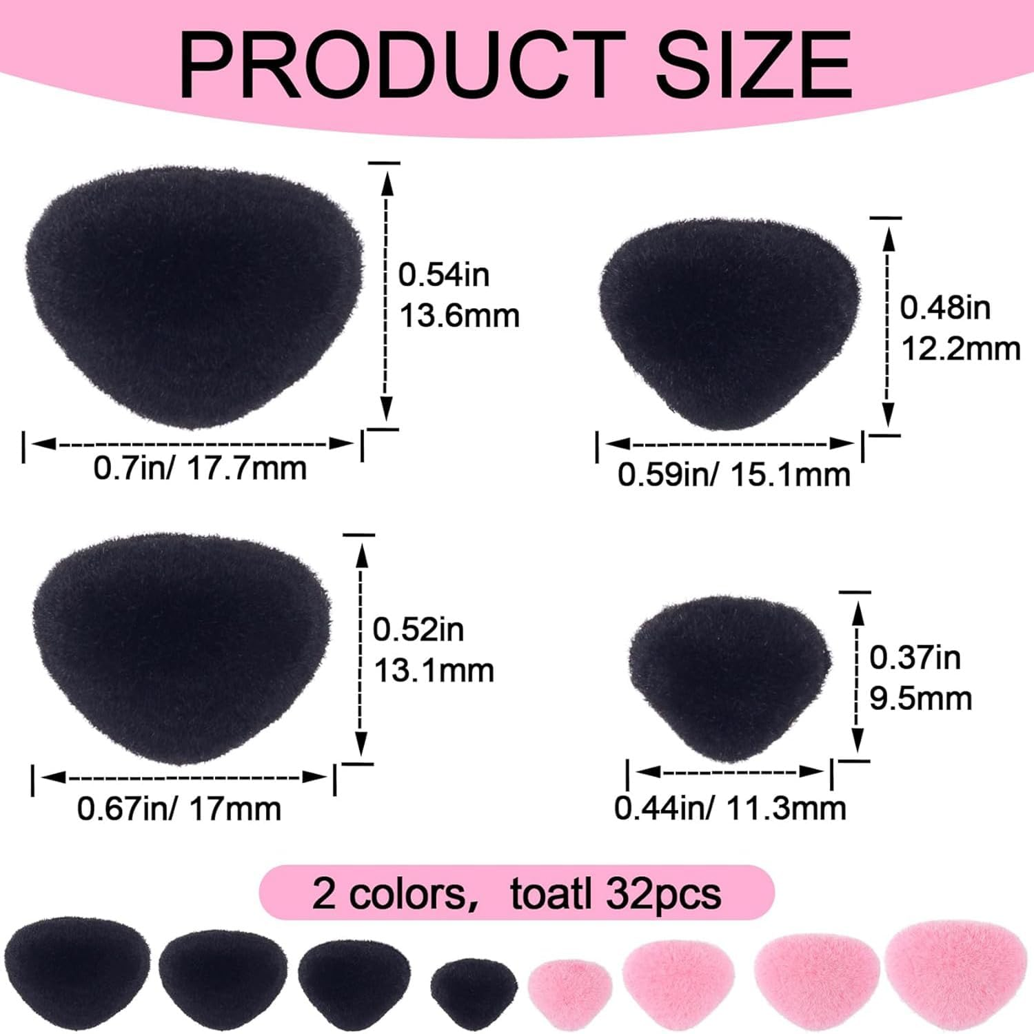 32Pcs Safety Noses 11/15/17/18Mm Plastic Noses with Washers, Flocking Teddy Bear for Crochet, Plush, and Craft Puppets (Pink & Black) image number 6