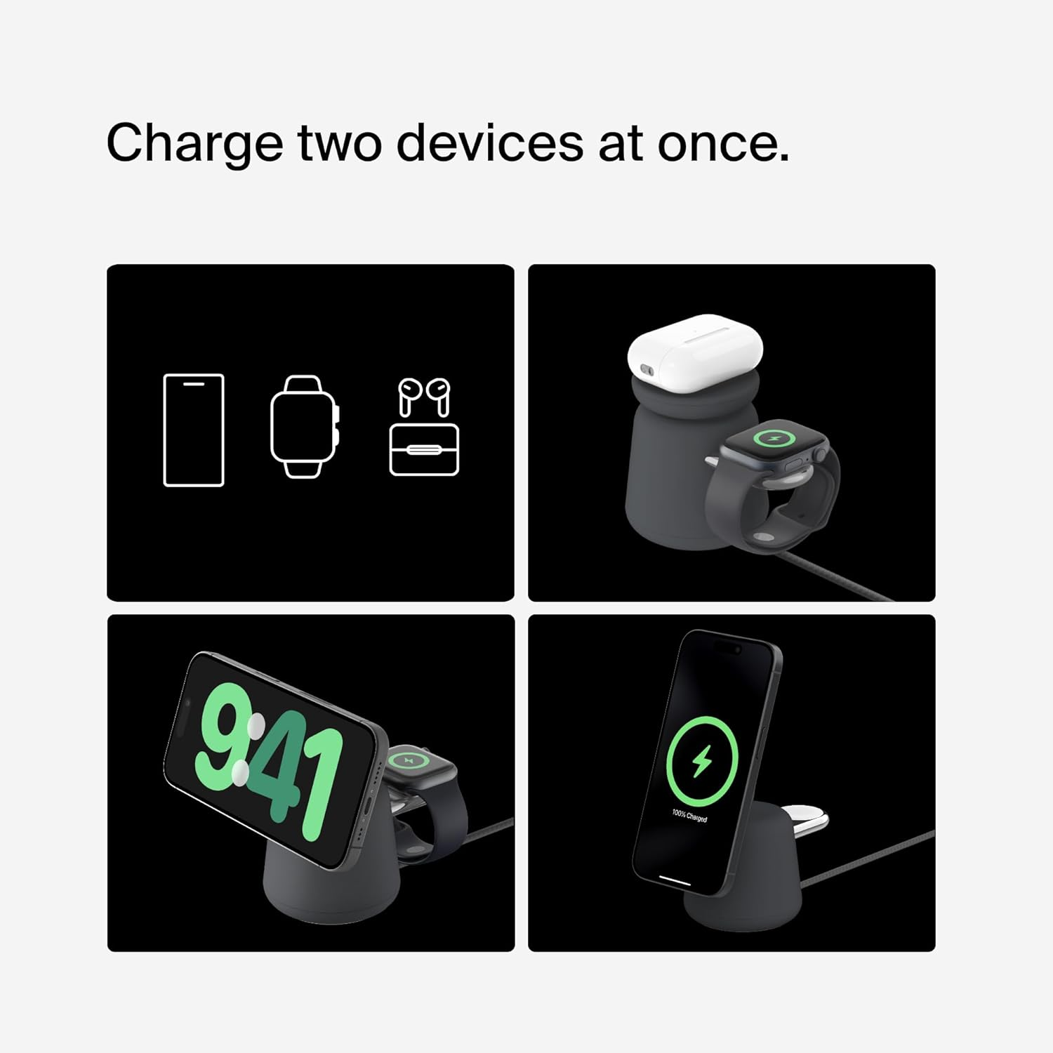 Belkin Magsafe Charger Compatible 2-In-1 Wireless Charging Dock 15W -Magsafe-Compatible Charger for Qi2, Apple Iphone 15, 14, 13, 12 Series, Airpods & Other Qi2 Enabled Devices, PSU Included &ndash;Charcoal image number 1